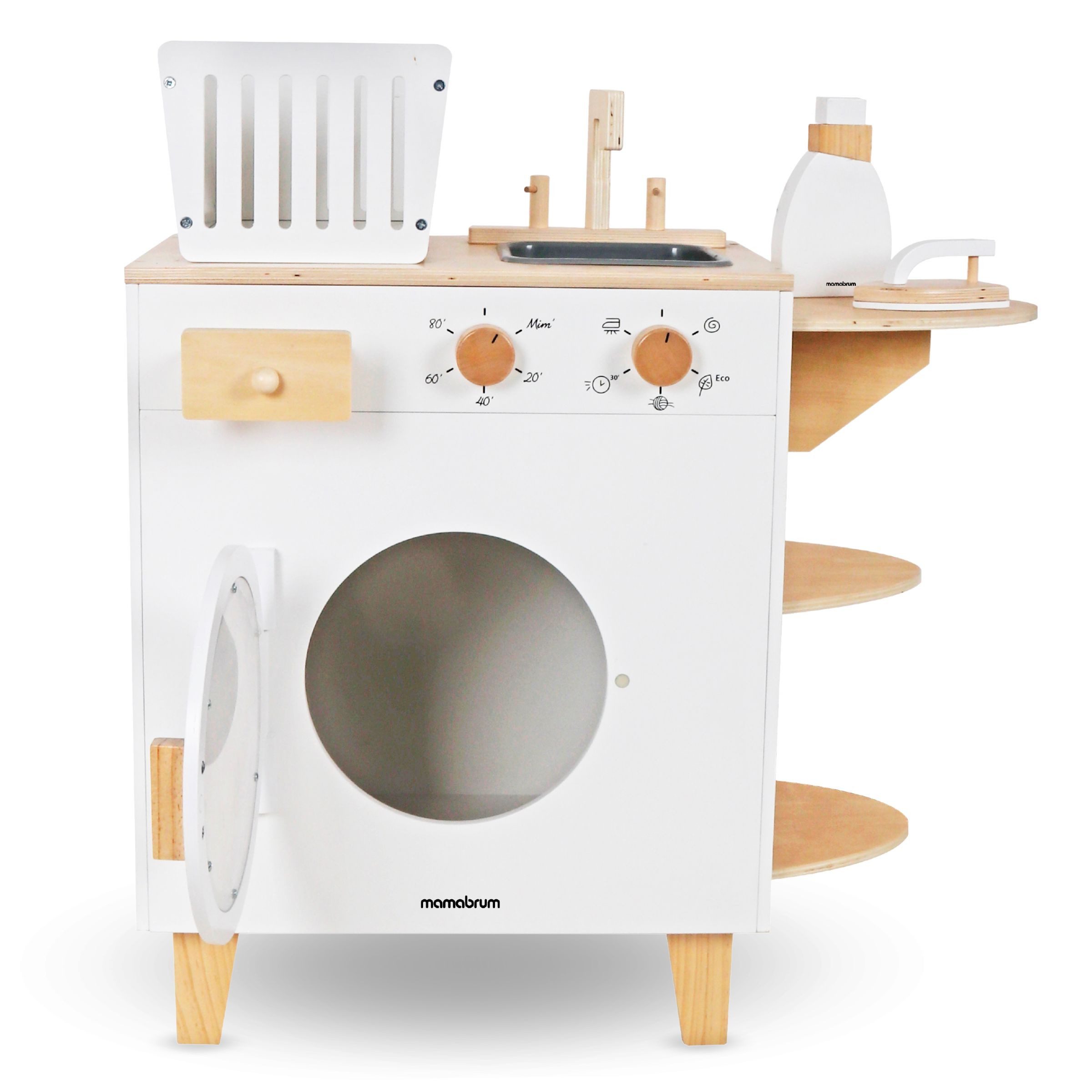 Mamabrum Kinder-Waschmaschine Kinder-Waschmaschine aus Holz – Spielset mit Bügeleisen und Wäschekorb