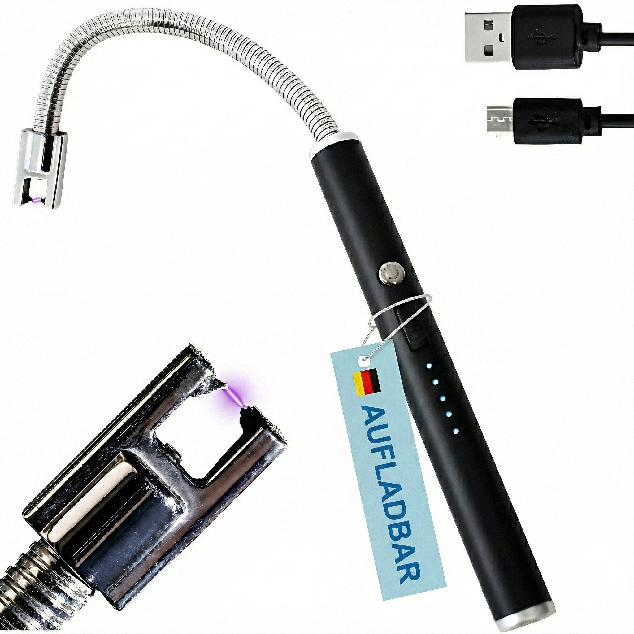 TOM Feuerzeug Lichtbogen Stabfeuerzeug, flexibler Stab, USB-Aufladbar mit Kabel, Aufladbar, windfestes Sturm Feuerzeug, Electic Lighter