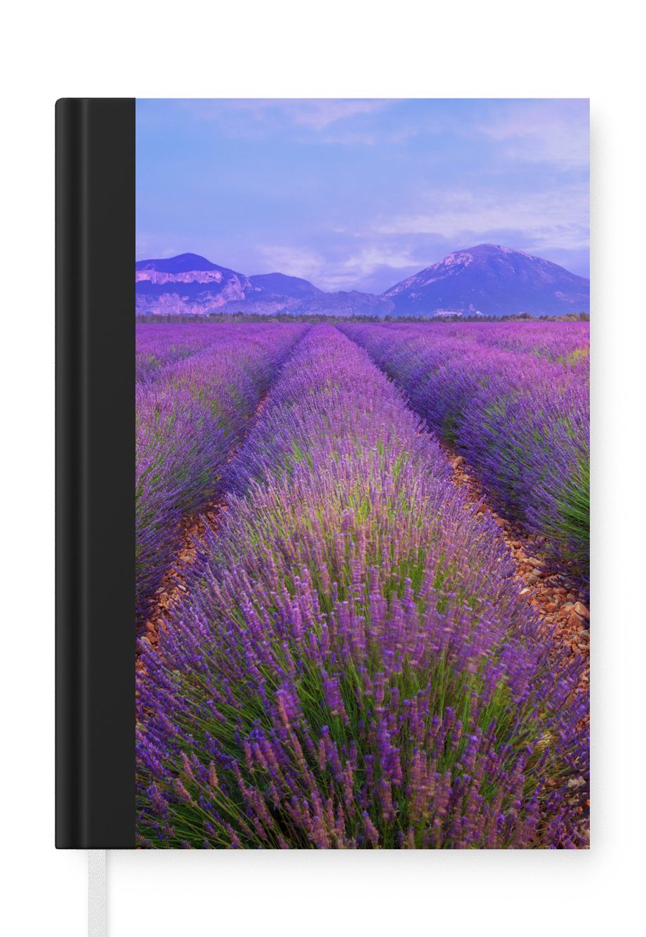 MuchoWow Notizbuch Reihen von Lavendel vor Bergen, Journal, Merkzettel, Tagebuch, Notizheft, A5, 98 Seiten, Haushaltsbuch