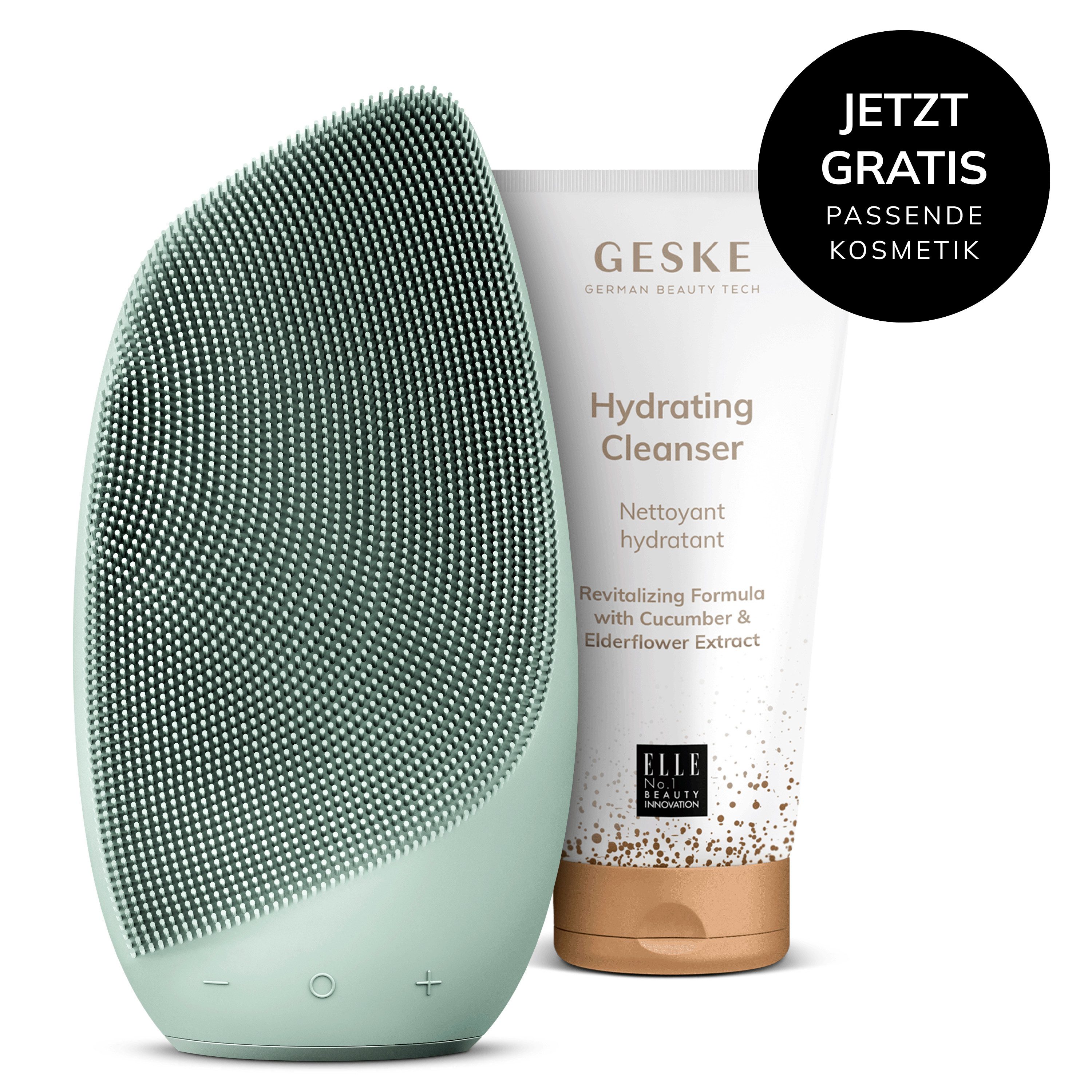 GESKE German Beauty Tech Elektrische Gesichtsreinigungsbürste Sonic Thermo Facial Brush 6 in 1 Farbe: Green + Gratis Kosmetik, Packung (Gerät & USB-Ladekabel), 2-tlg., Gerät inkl. kostenloser APP (SmartAppGuided Device), Anti-Aging Massage-, SmartSonic Pulsation- & Tiefen-Wärme-Technologie