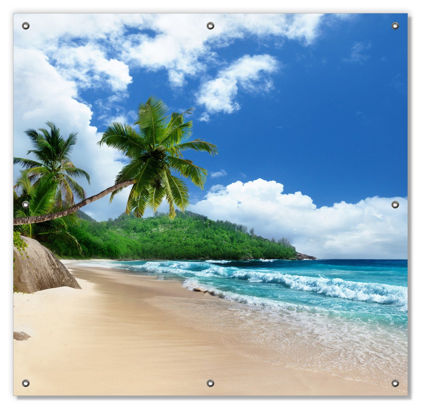 Sonnenschutz Urlaub auf den Seychellen unter Palmen am Sandstrand, Wallario, blickdicht, mit Saugnäpfen, wiederablösbar und wiederverwendbar