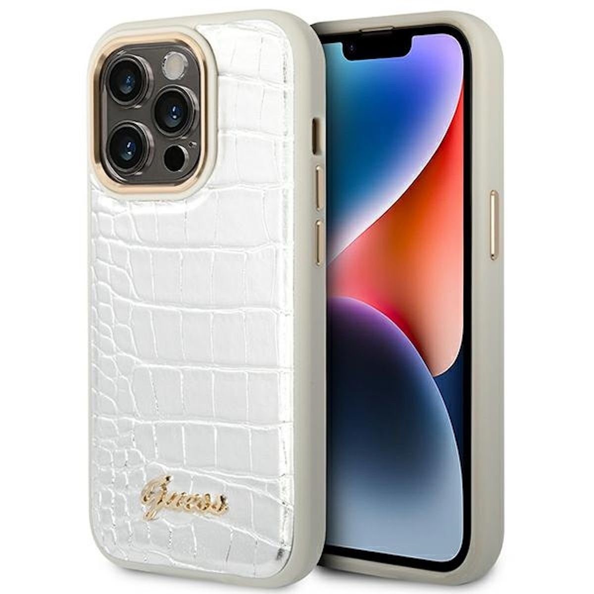 Guess Handyhülle Guess Apple iPhone 14 Pro Hardcase Schutzhülle Croco Collection Silber