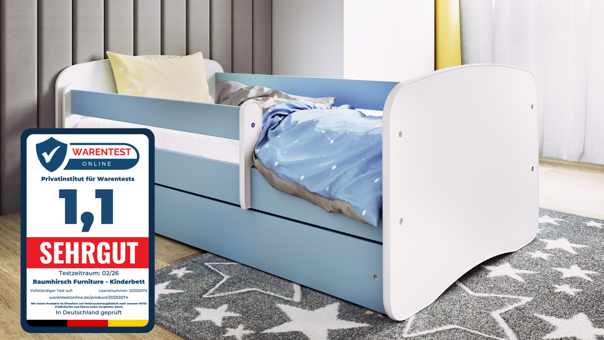 Raumhirsch Furniture Kinderbett Babydream 180x80 cm 160x80 cm 140x70 cm - Komplettset mit Schublade (Bett für Jungs & Mädchen, Einzelbett 2–12 J., mit Rausfallschutz und Lattenrost), Verschiedene Farben