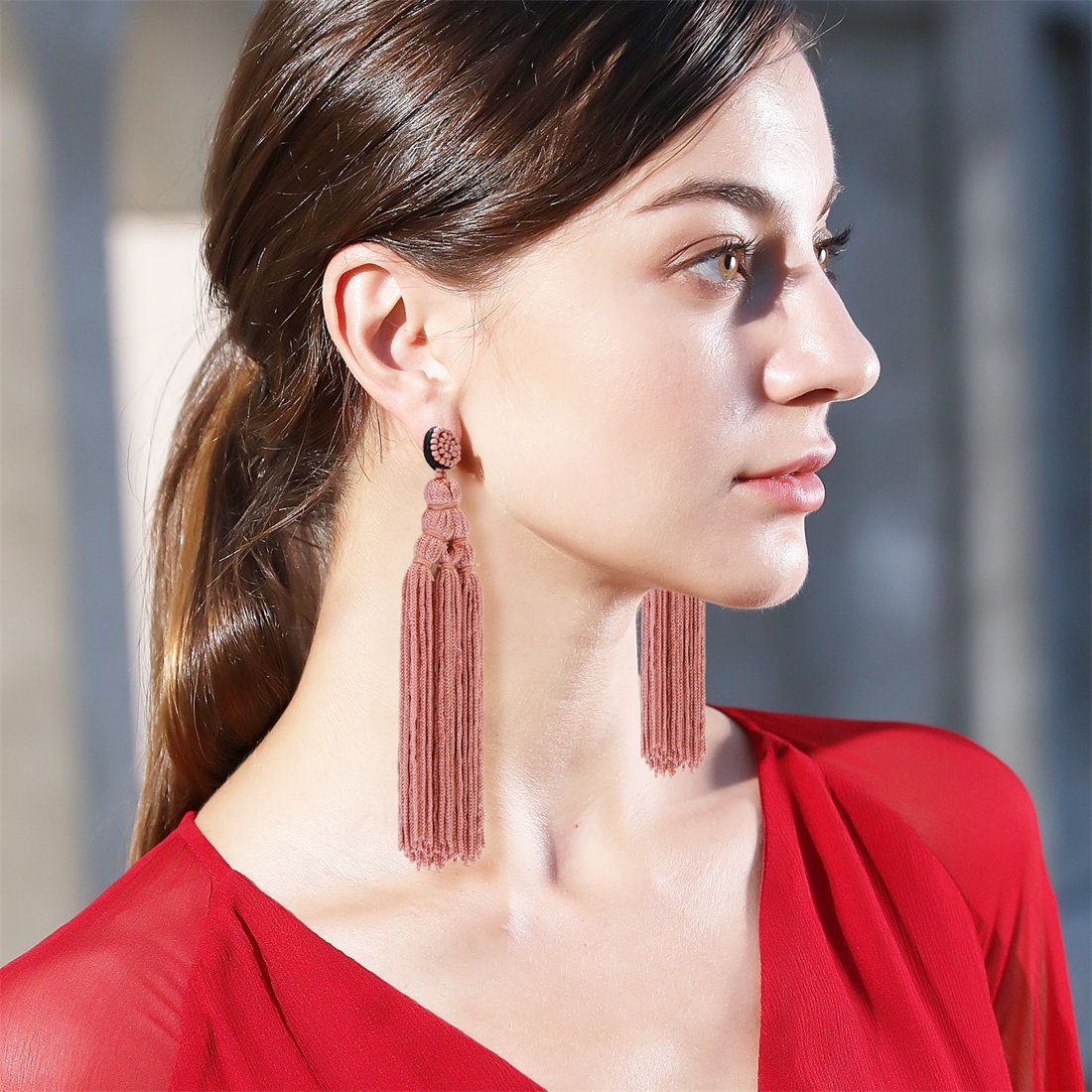 DÖRÖY Paar Ohrhänger Damen Rosa Quaste Vintage Schmuck Ohrringe Mode gewebt lange Ohrringe