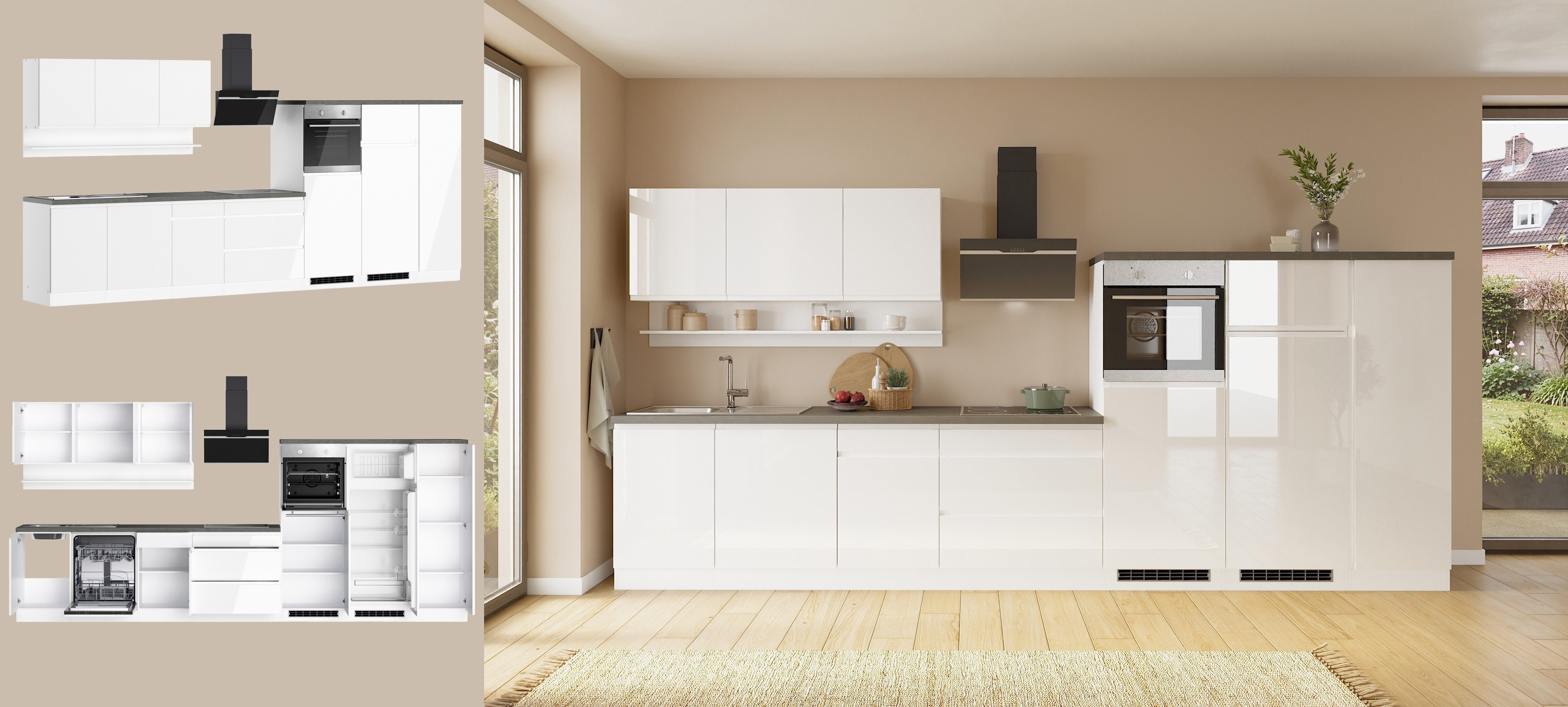 KOCHSTATION Küchenzeile KS-Virginia,neu in verbesserter Ausführung, Breite 410 cm, Softclose, wahlweise mit E-Geräten und Induktion