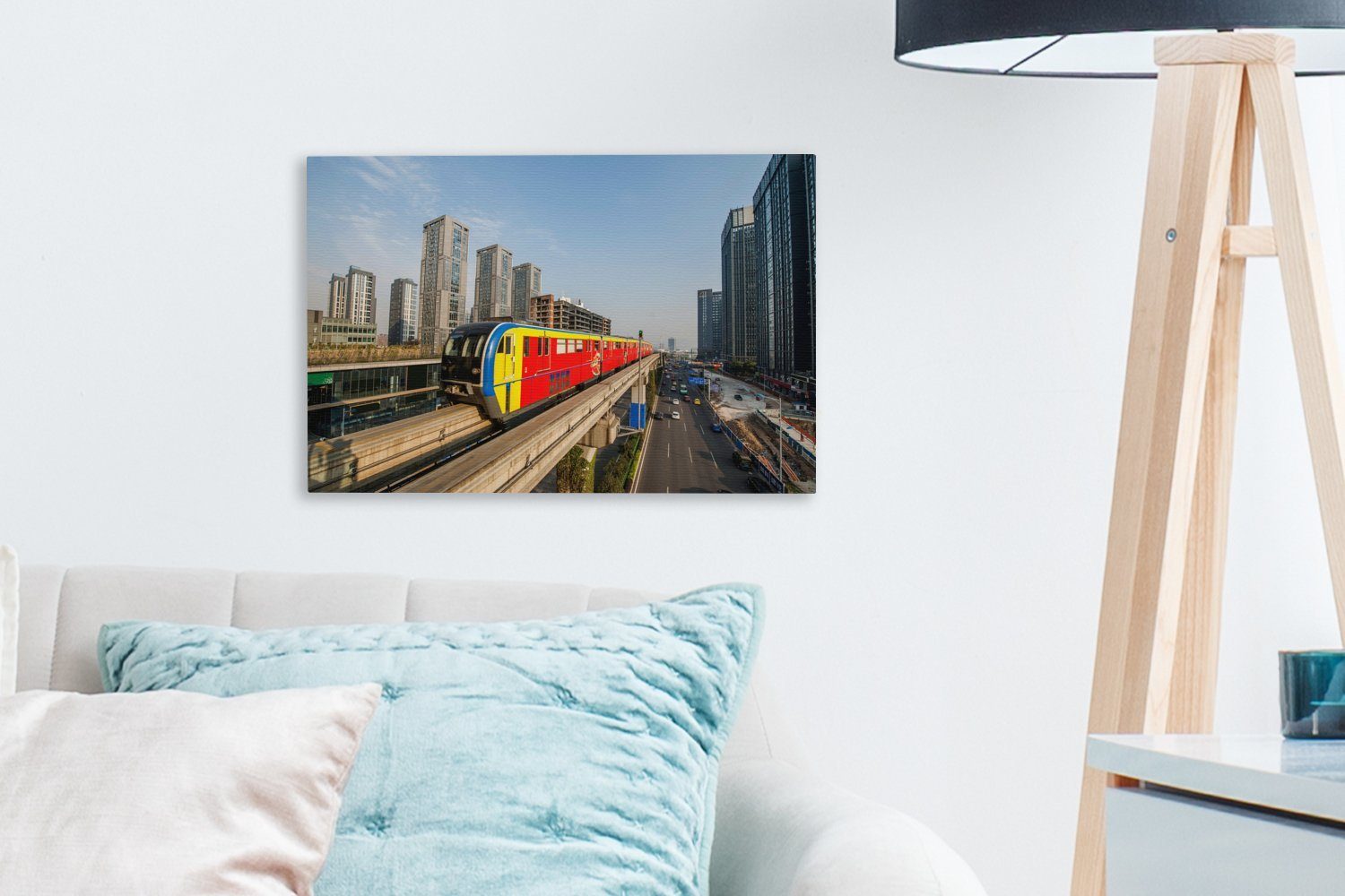 OneMillionCanvasses® Leinwandbild Farbiger cm chinesischen Chongqing, St), 30x20 Wanddeko, Aufhängefertig, Leinwandbilder, im (1 Wandbild Zug