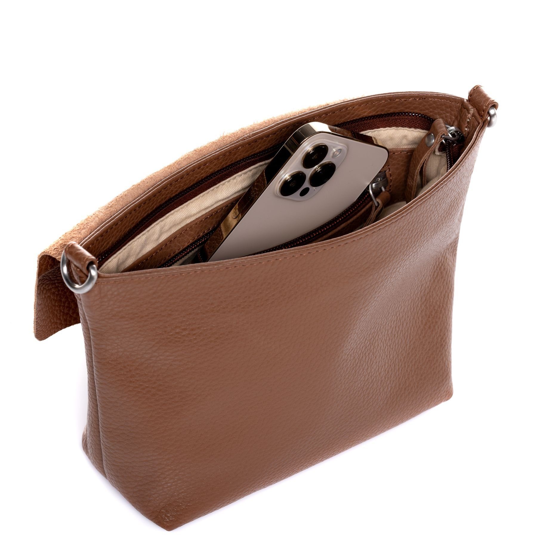 FEYNSINN Umhängetasche echt Leder Umhängetasche groß tobacco LIVA, Schultertasche Echtleder Damen, Crossbody Bag klein hellbraun-cognac