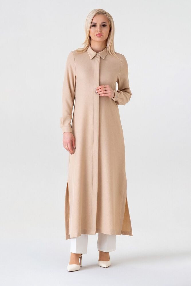 fashionshowcase Longtunika Damen lange Tunika verdeckte Knopfleiste Modest elastisch elegant minimalistischer Look, fließender Fall, ideal für Modest Outfits