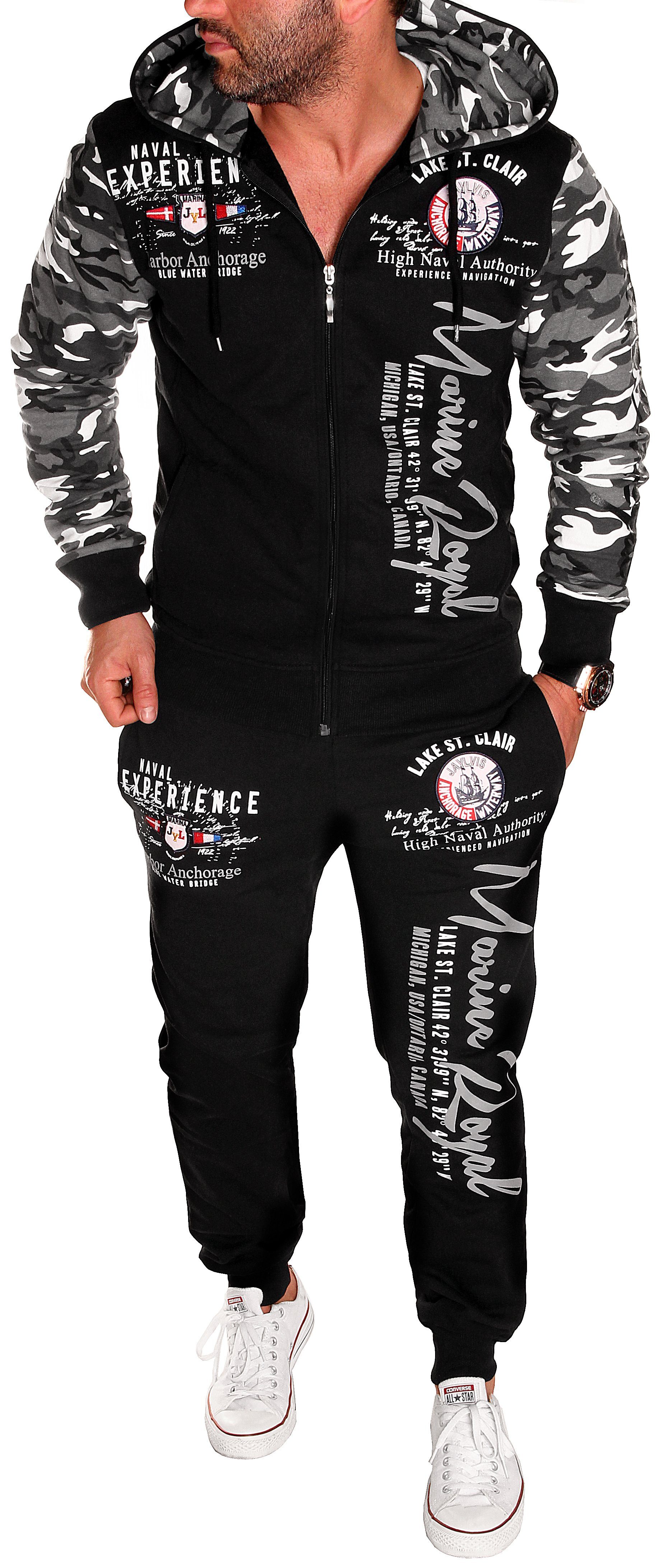 Jaylvis Jogginganzug Marine Royal Herren Trainingsanzug Sportanzug Streetwear Fitness, Jacke mit Kapuze Camou-Schwarz