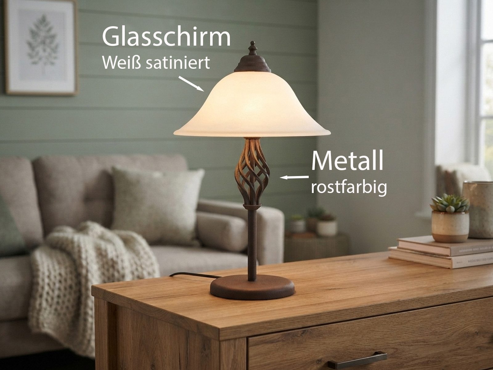TRIO Leuchten LED Tischleuchte Rostoptik mit Glasschirm, Höhe 50cm, dimmbar, LED wechselbar, Warmweiß, große Tischleuchte Landhaus-Stil, Nachttisch-Lampe rustik – Bild 5 von 5