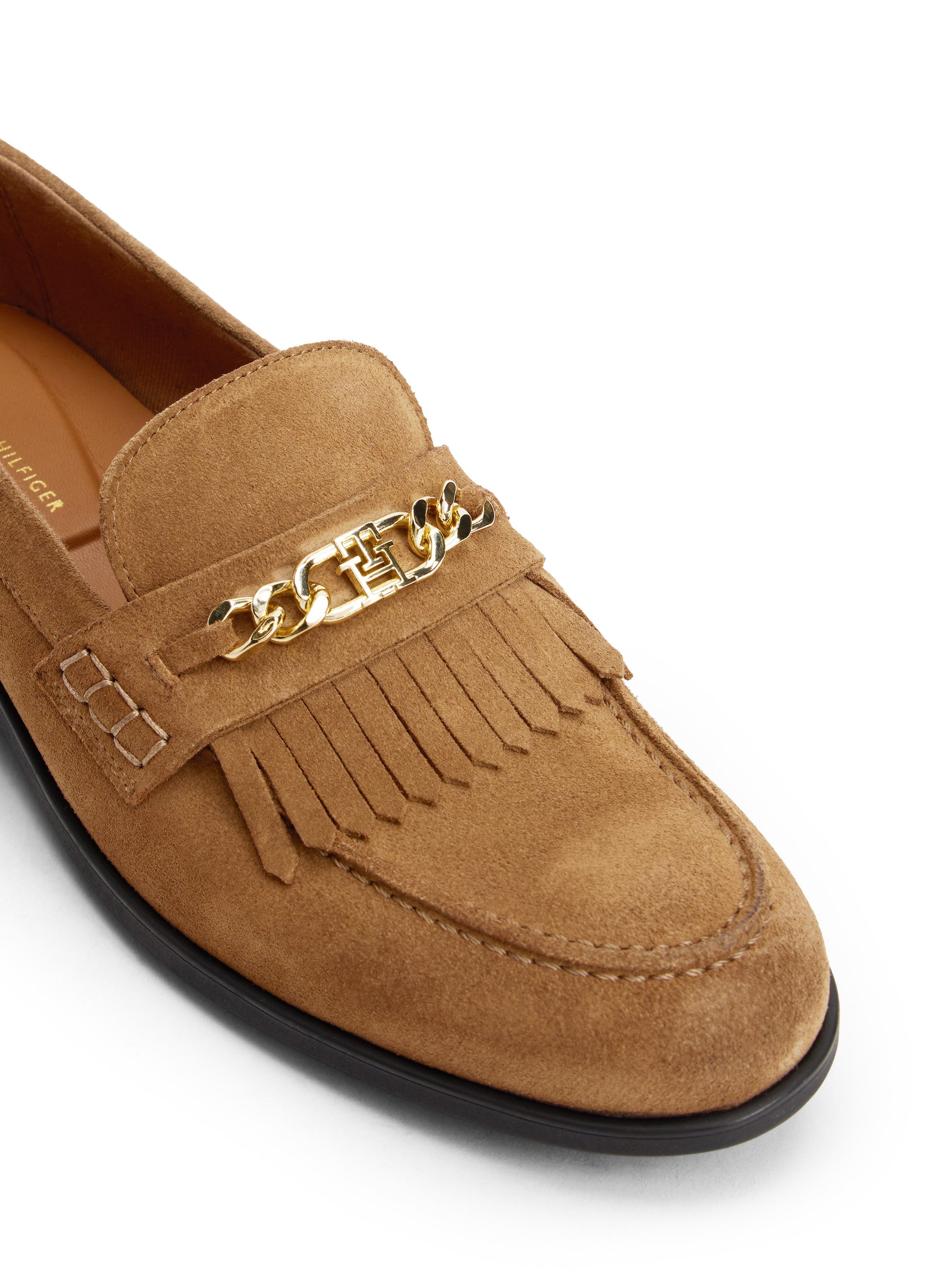 Tommy Hilfiger TH CHAIN FRINGE SUEDE LOAFER Loafer, Blockabsatz, Slipper, Businessschuh mit goldfarbener Logo-Zierkette