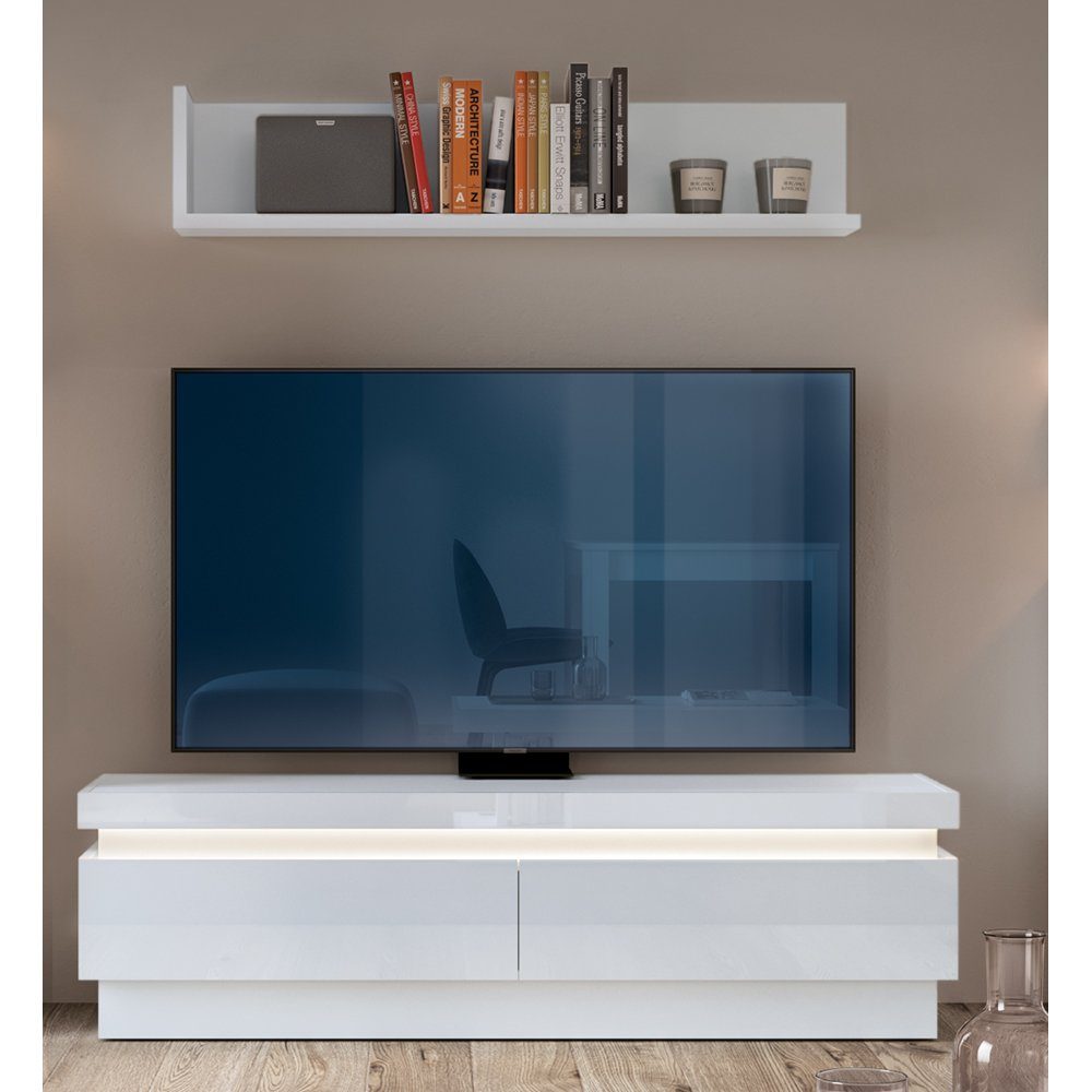 Lomadox Wohnzimmer-Set LYNDHURST-129, (Mega-Spar-Set, 2-St., 2-tlg), weiß Hochglanz mit indirekter Beleuchtung, B/H/T 147/165/42 cm