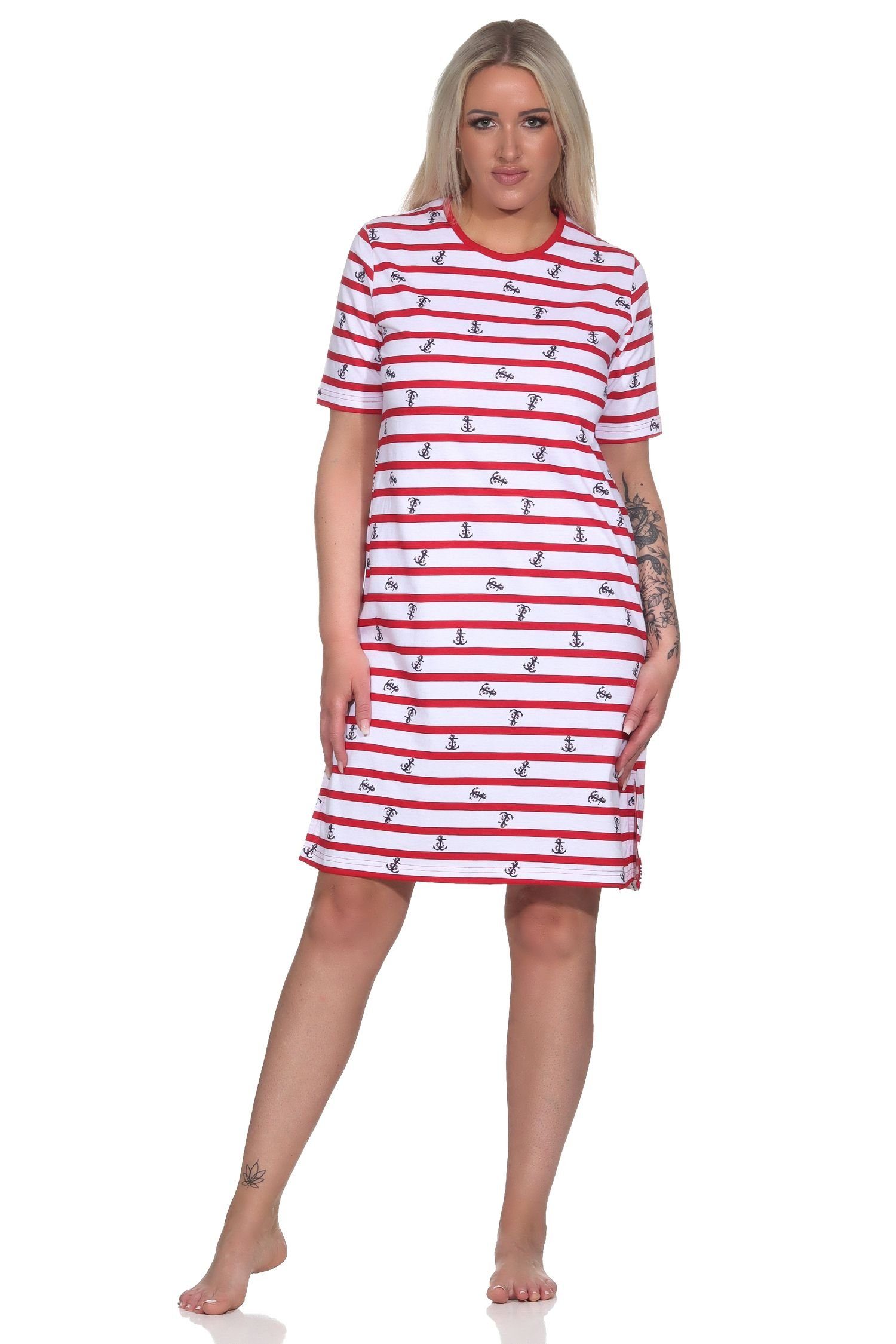 Damen maritimer Nachthemd Übergrössen Normann Nachthemd in rot - in kurzarm auch Optik