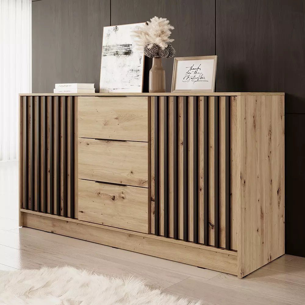 MOEBLO Kommode JOHN 3D (dekorative Lamellen Schrank Sideboard mit 2 Türen und 3 Schubladen, Moderne Wohnzimmer Schlafzimmer Möbel Kommode für Wohnzimmer), (BxHxT): 155x86x45 cm