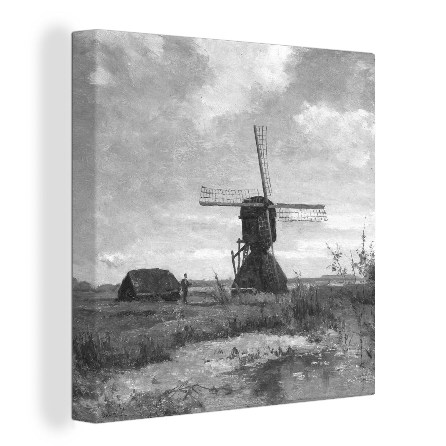 OneMillionCanvasses® Leinwandbild Sonniger Tag, eine Mühle am Wassergraben in schwarz-weiß - Gemälde, (1 St), Leinwand Bilder für Wohnzimmer Schlafzimmer