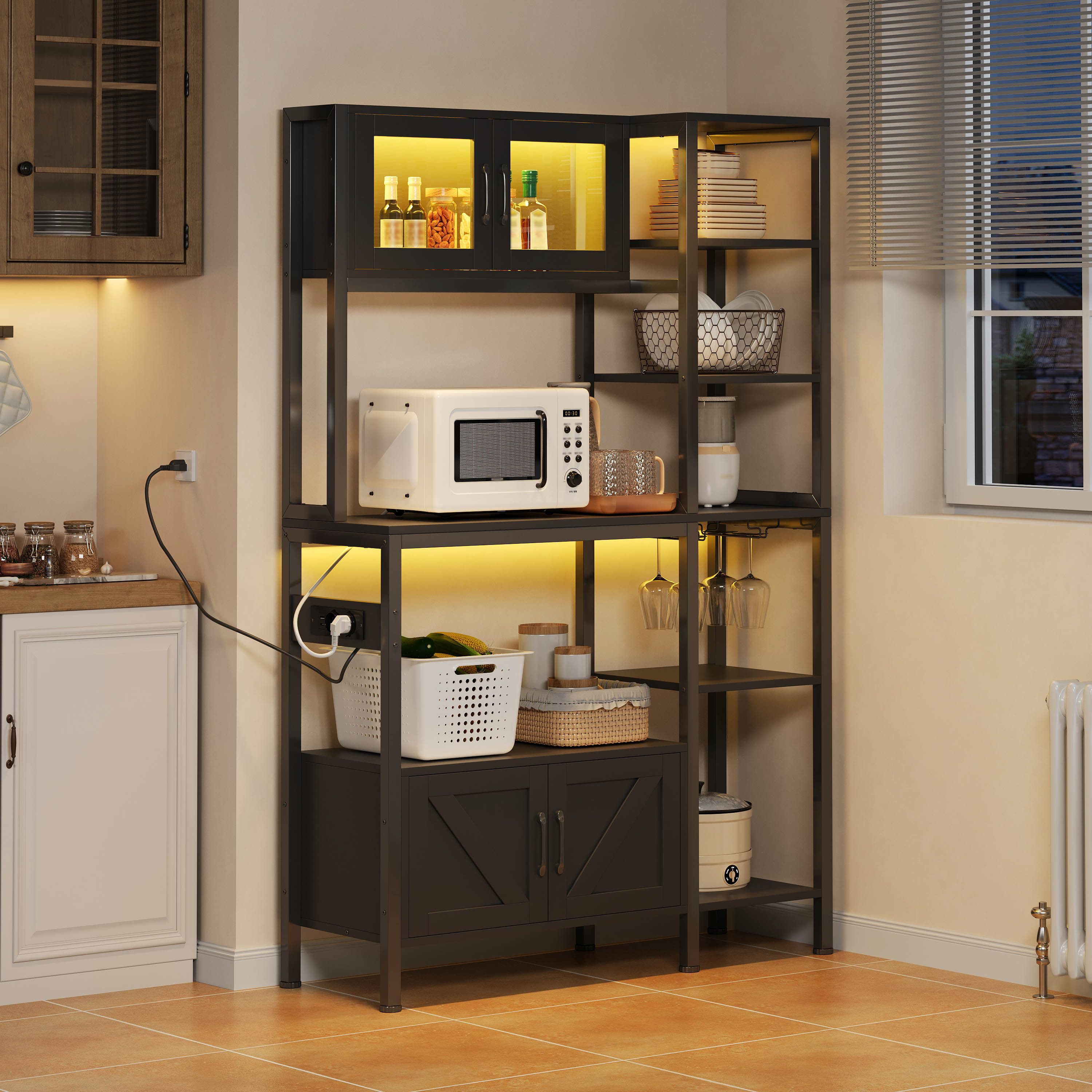 Flieks Standregal Küchenregal mit Steckdose, LED-Beleuchtung, Gläserhalter und Glastüren, 115x40x180 cm 1-tlg., Küchenbuffet Bücherregal Hochschrank Schwarz, Stahlrahmen