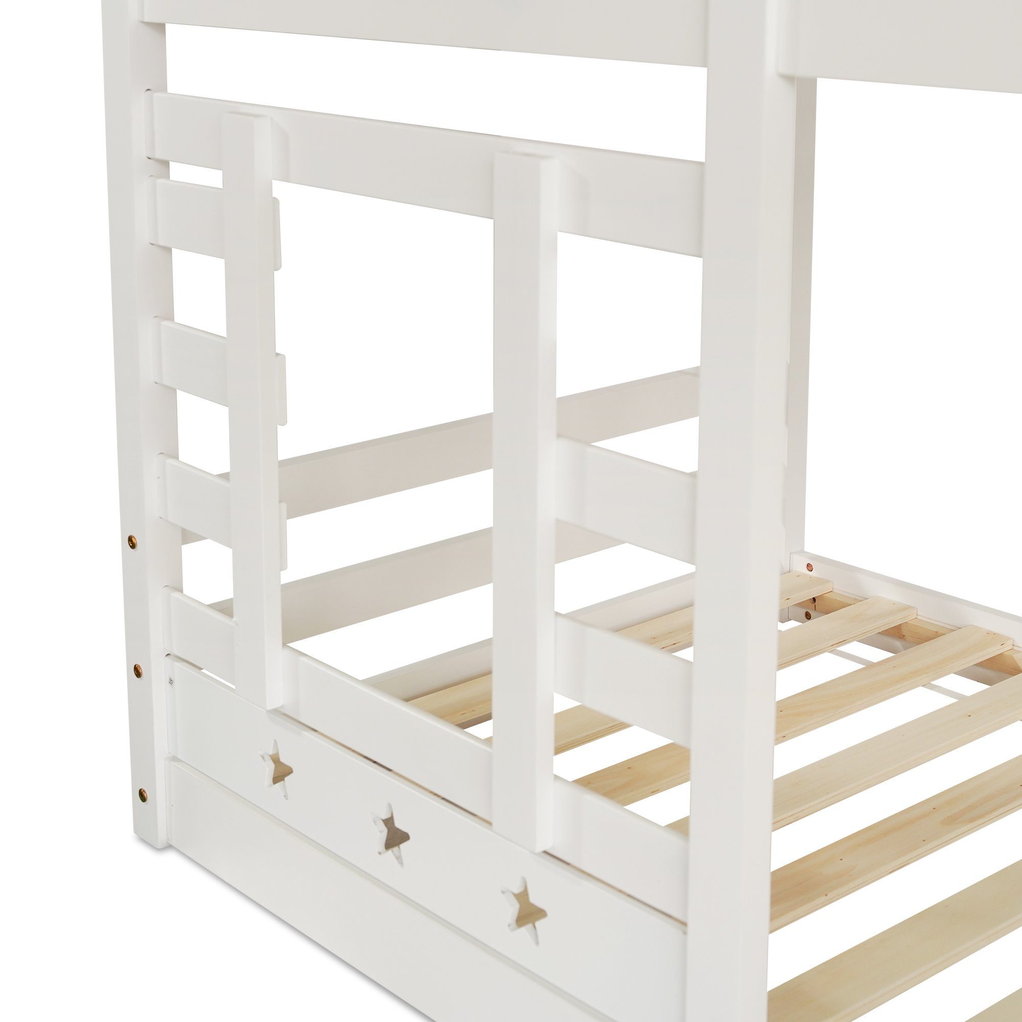 Etagenbett (Hausbett mit Lattenrost), Kinderbett mit Treppe Schubladen und Rausfallschutz 90x200cm