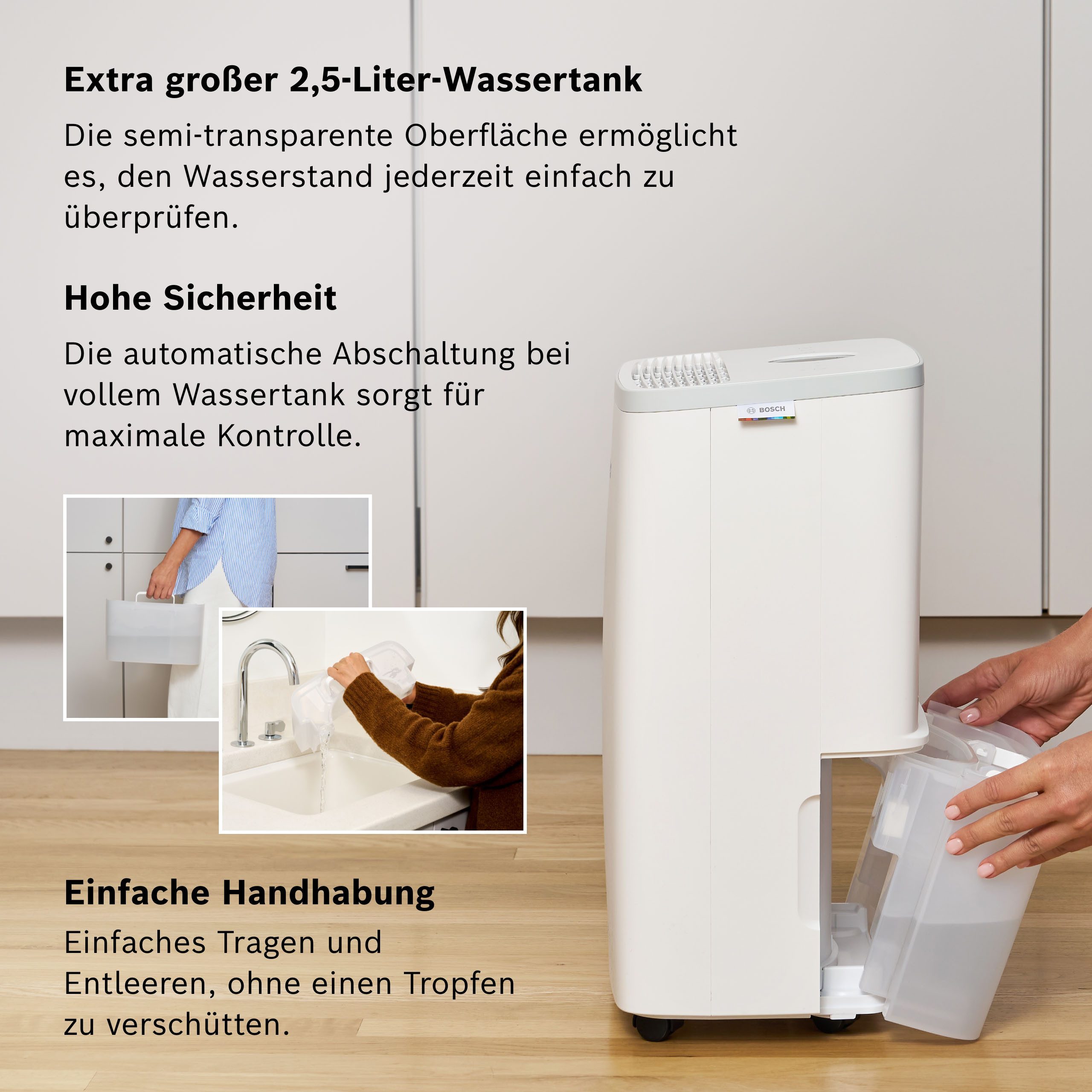BOSCH Luftentfeuchter Dry 2000 - Ideal für die Wohnung & schnelle Trocknung der Wäsche, Entfeuchtung 12 l/Tag, Tank 2,5 l, Ultra-leiser Betrieb, nur 35 dB(A) – Bild 5 von 5