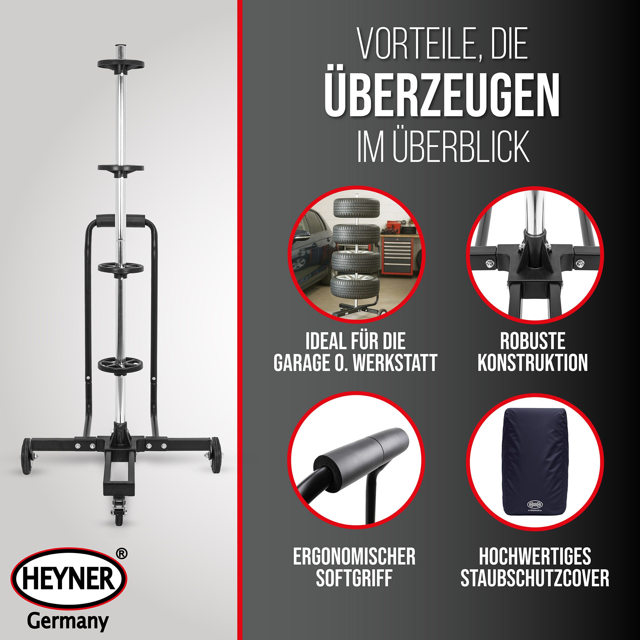 HEYNER Mobile Rim Tree - Up to 285 mm tire width, 100 kg load capacity, with, 1-piece.