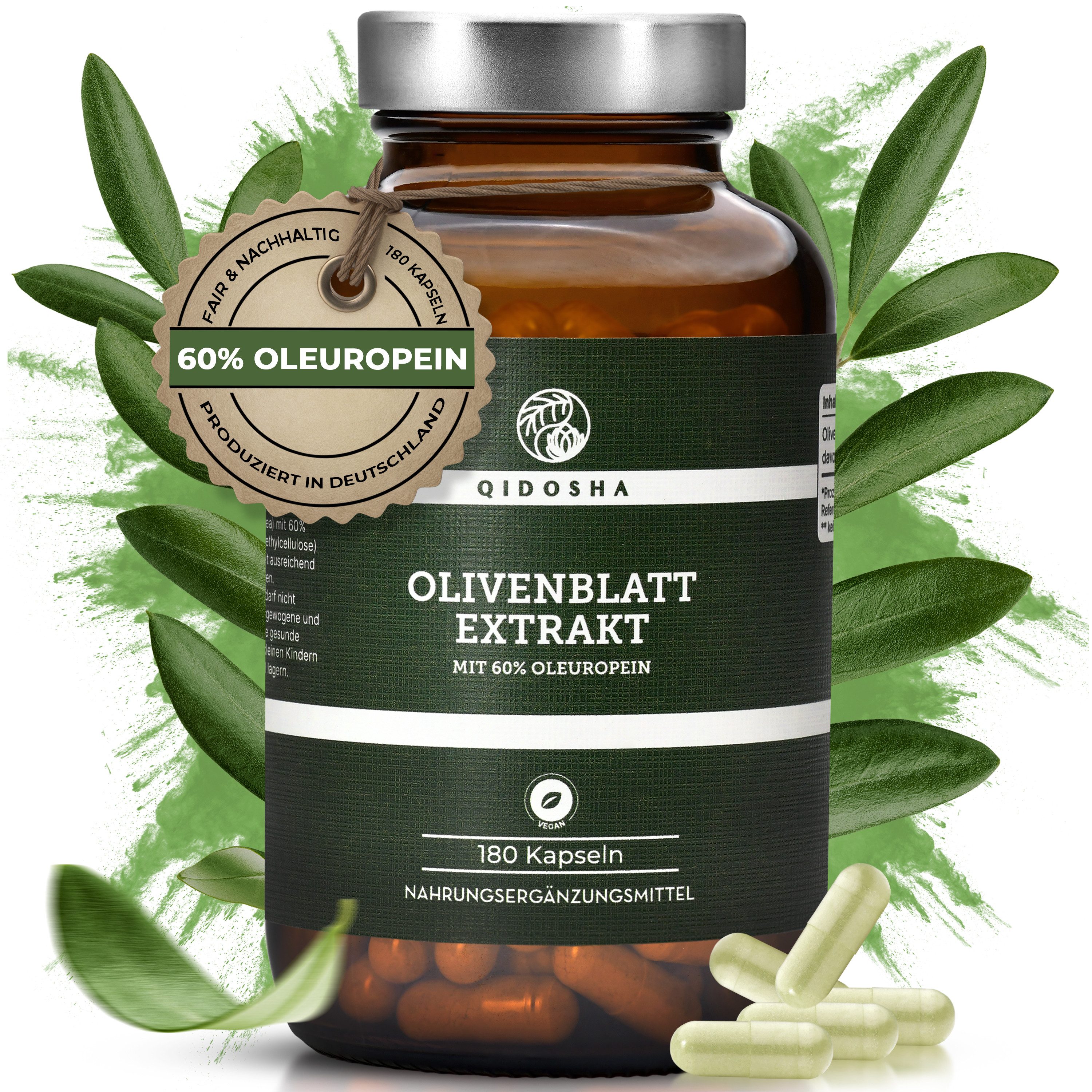 QIDOSHA Olivenblatt Extrakt 60% Oleuropein hochdosiert vegan Kapseln Hartkapsel, 180 er Vorratspackung 180 Kapseln 6 Monate hochdosiert Polyphenole à 180 St., 148.3 g, Olea Europaea Polyphenol Komplex Kapseln hochrein vegan
