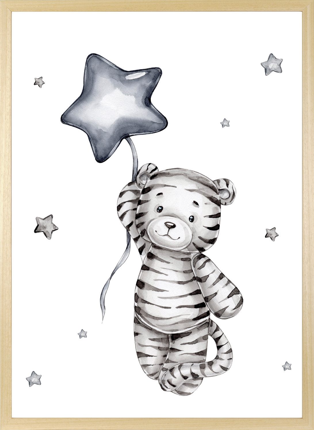 queence Bild mit Rahmen Kleiner Tiger mit Ballon, Bilder vom Sternenhimmel, Himmel, Himmelsbilder, Leopard, Luftballon, Stern, Sterne, Tiere (1 St), HD Premium Posterdruck mit Echtholzrahmen