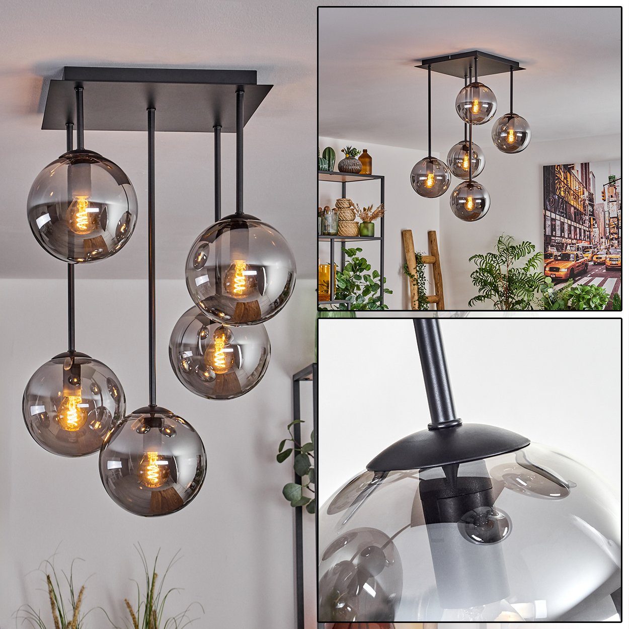 hofstein Deckenleuchte Deckenlampe aus Metall/Glas in Schwarz/Rauchfarben, ohne Leuchtmittel, moderne Leuchte mit Glasschirmen (15 cm), 5 x E14, ohne Leuchtmittel
