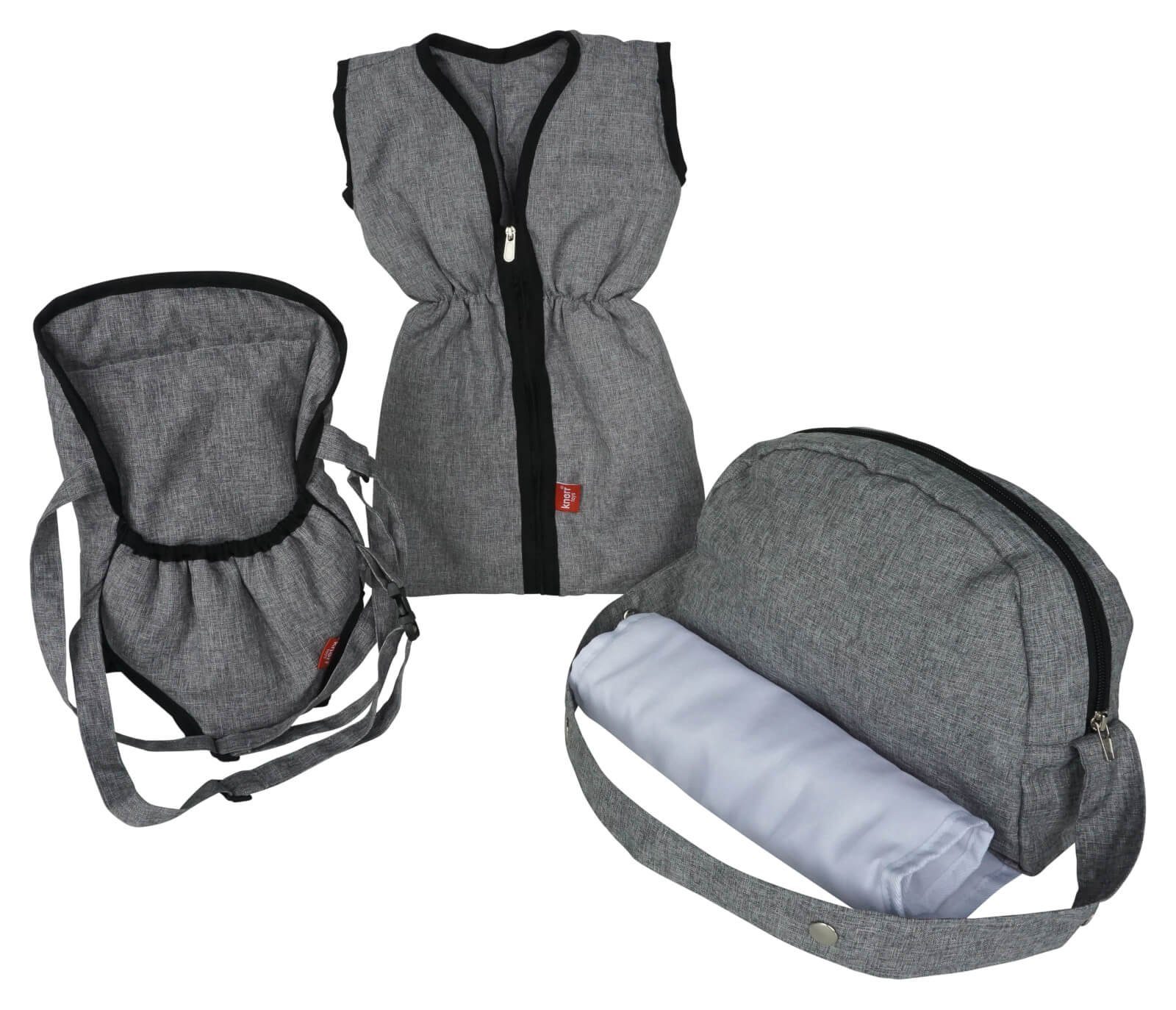 Knorrtoys® Puppen Reiseset Puppenzubehör Set 3 teilig Puppen Bauchtrage Schlafsack Wickeltasche, (3-tlg), Für Puppen bis 50cm
