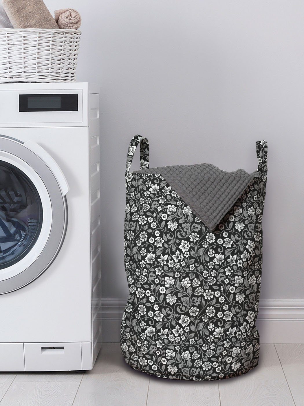 Abakuhaus Wäschesäckchen Wäschekorb mit Kordelzugverschluss für Schwarz Waschsalons, und Beeren Griffen mit Grau Blumen