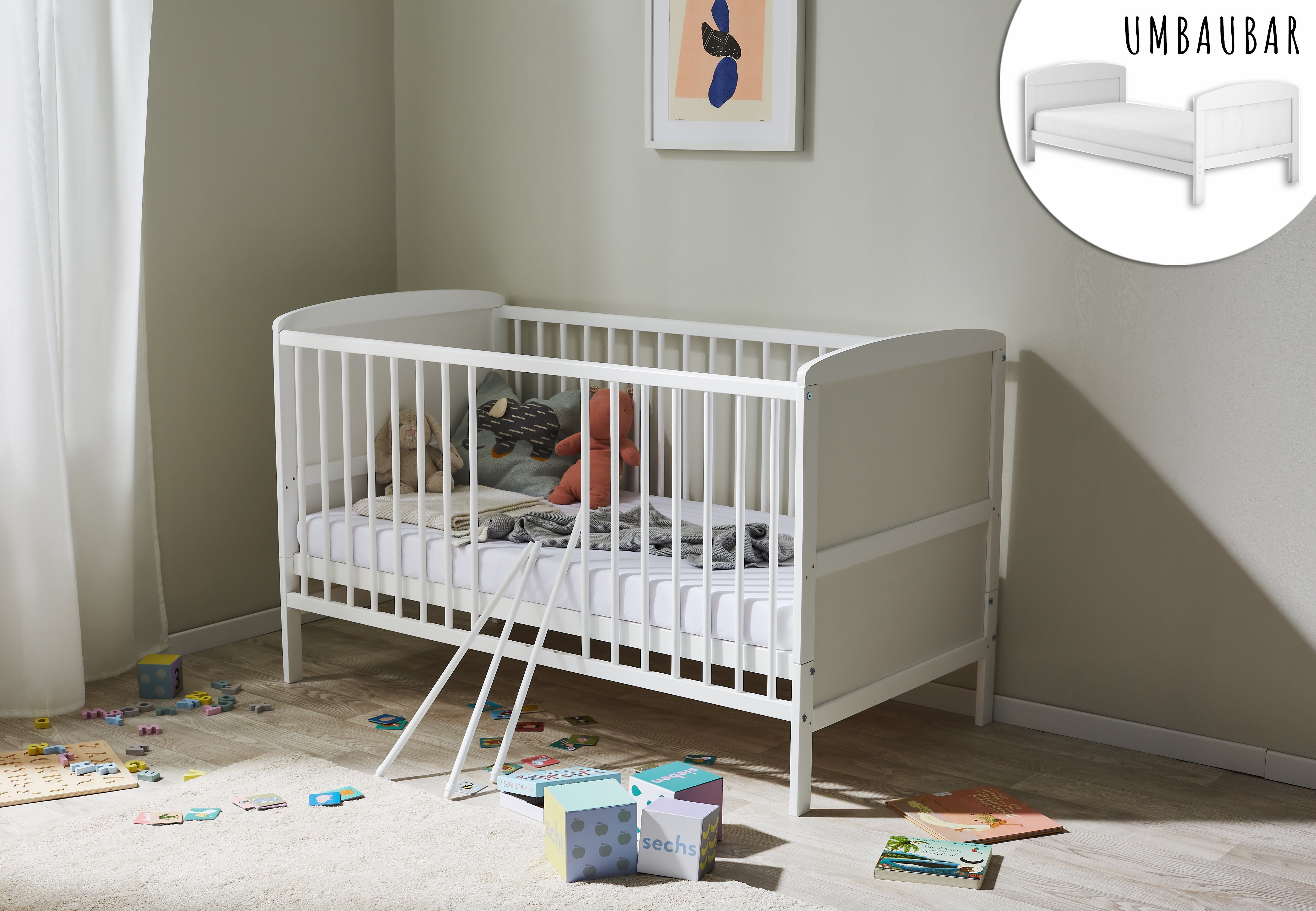 Babybett Kinderbett 70x140 cm umbaubares Gitterbett höhenverstellbar