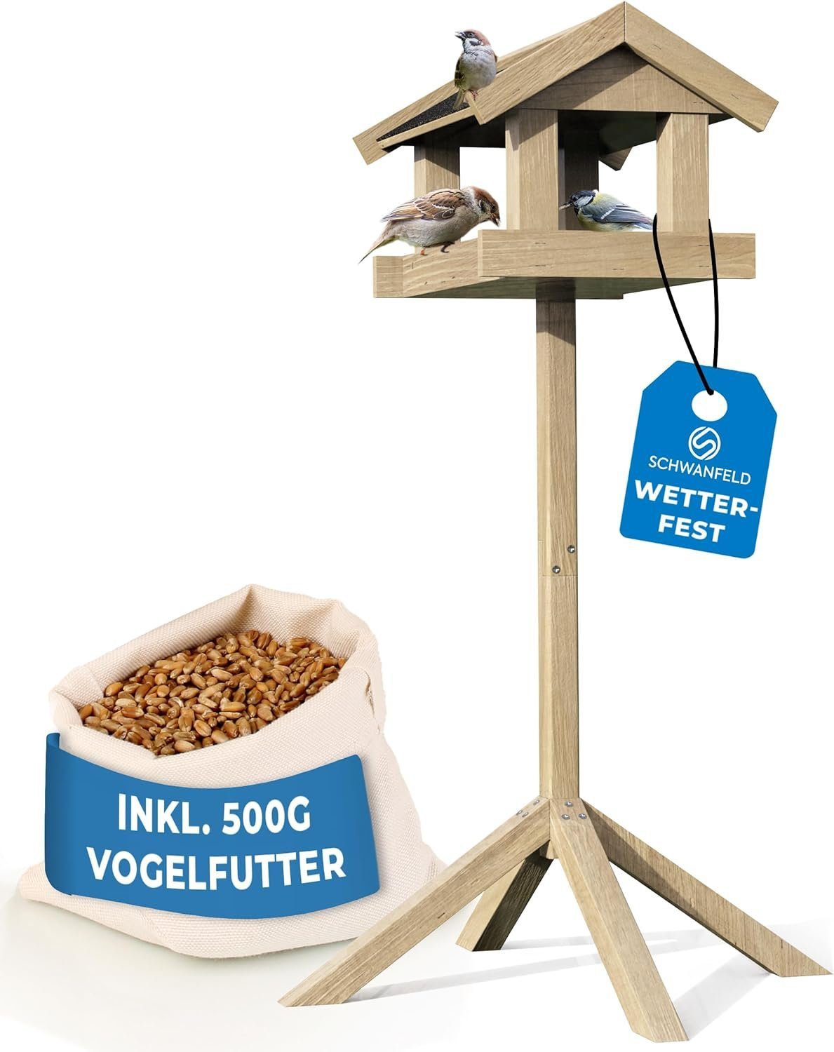 Schwanfeld Vogelhaus mit Ständer wetterfest [FÜR ALLE VOGELARTEN] -, inkl. 500g Vogelfutter - Vogelfutterhaus mit Ständer wetterfest