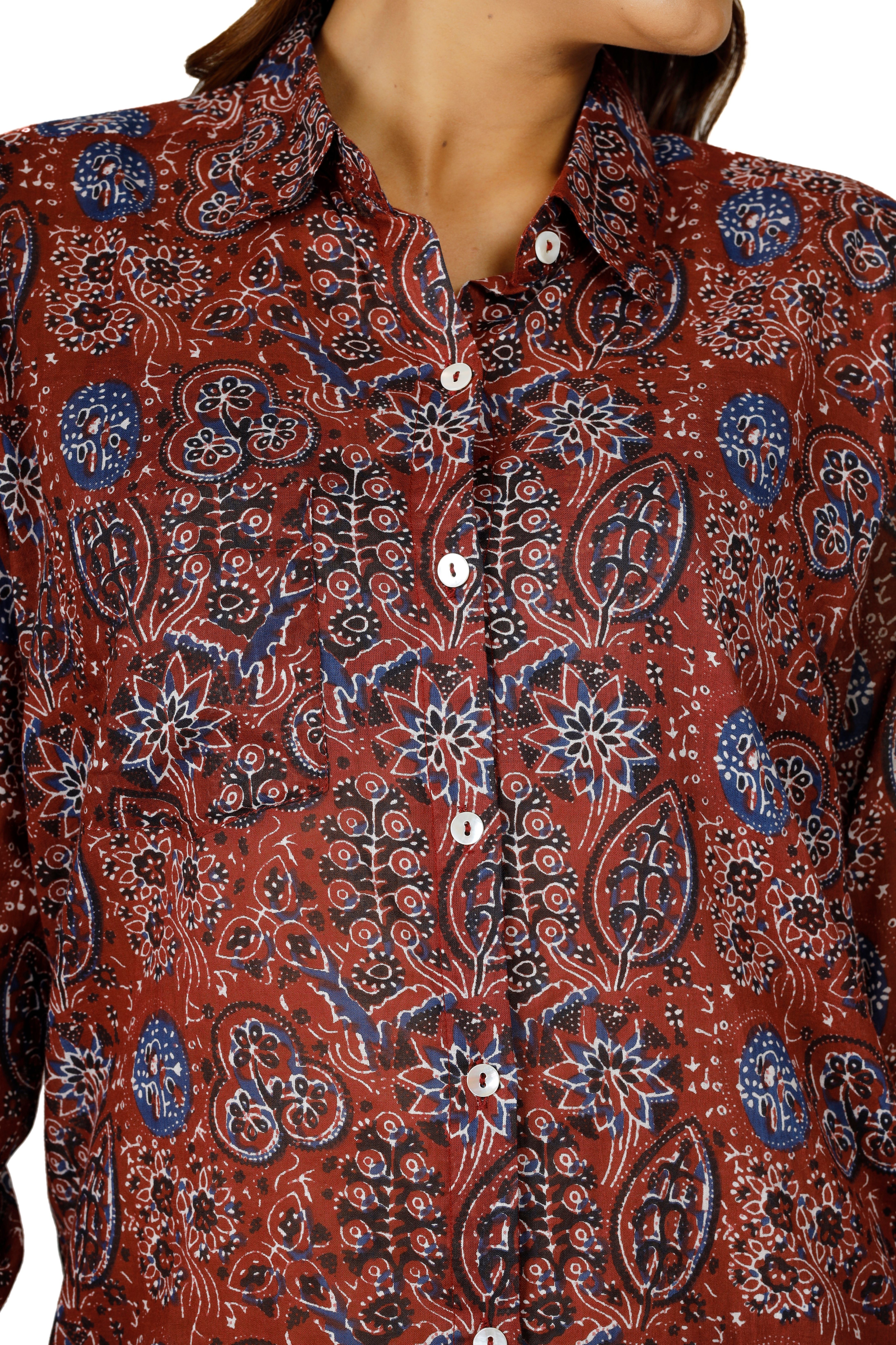 Guru-Shop Longbluse Langarmhemd, rostrot luftiges.. Handbedrucktes Boho Bekleidung alternative