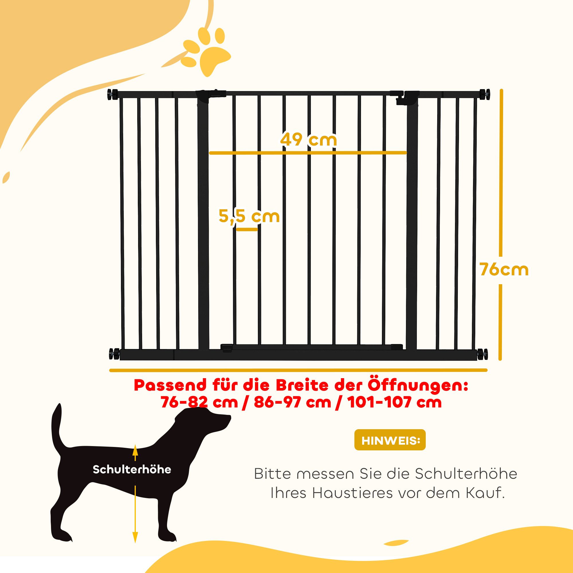 PawHut Hundegitter Türschutzgitter mit 10/15 cm Verlängerung Türgitter ohne Bohren (Treppenschutzgitter, 1 St., Tür-Absperrgitter), für Garten, Balkon, Schwarz – Bild 3 von 5