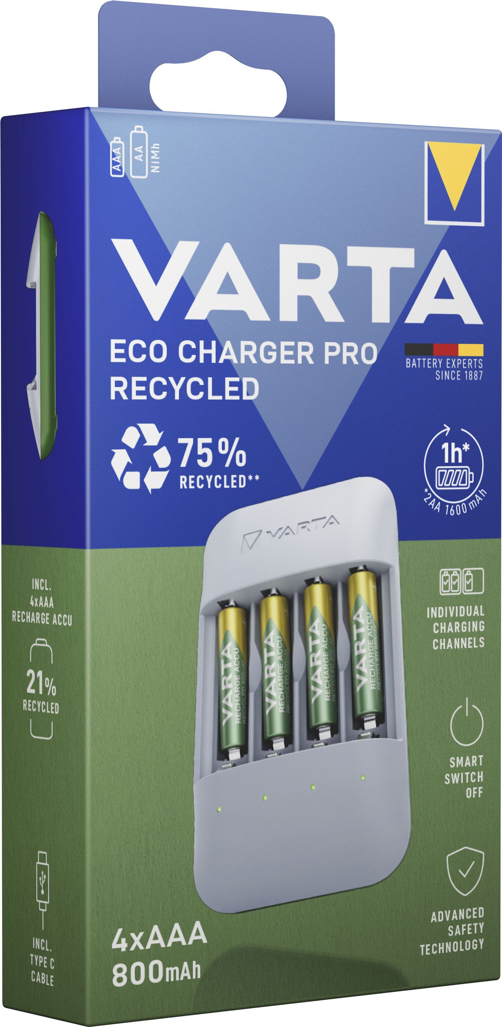 VARTA Eco Charger Pro Recycled + 4x AAA 800 mAh Batterie-Ladegerät (2000 mA, Packung)