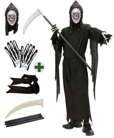 Karneval-Klamotten Kostüm Skelett Kinder Totenkopf Maske Halloween Gewand, Henker Grim Reaper Halloween Kinderkostüm mit Sense und Handschuhe