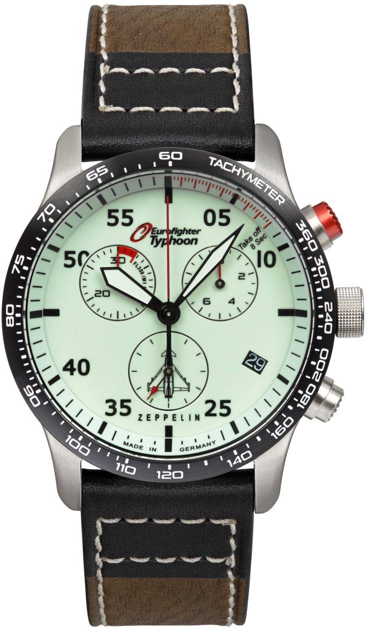 ZEPPELIN Chronograph Eurofighter Typhoon, vollfluoreszierendes Ziffernblatt, 7298-5, Armbanduhr, Quarzuhr, Herrenuhr, Datum, Stoppfunktion, Made in Germany