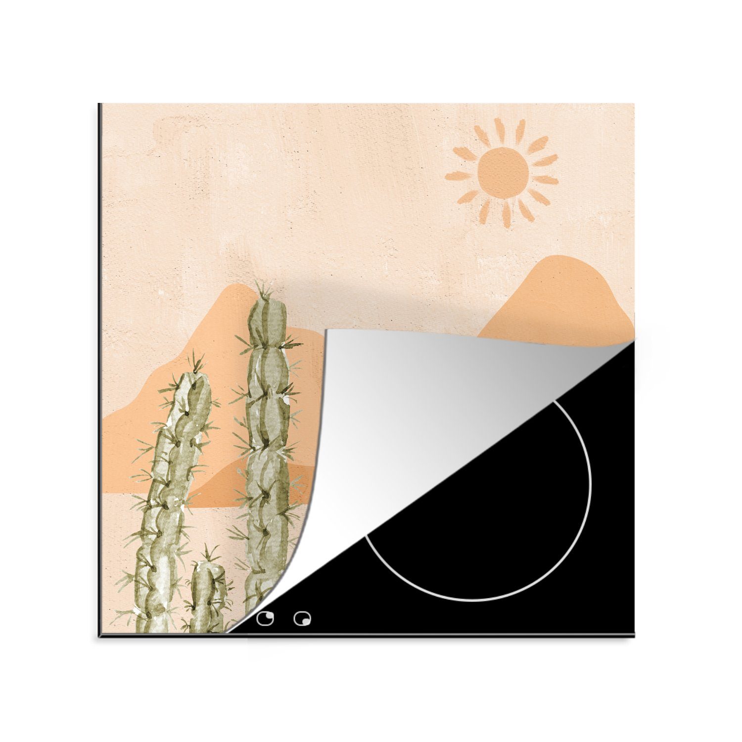 MuchoWow Herdblende-/Abdeckplatte Kaktus - Wüste - Pastell - Boho - Aquarell, Vinyl, (1 tlg), 78x78 cm, Ceranfeldabdeckung, Arbeitsplatte für küche