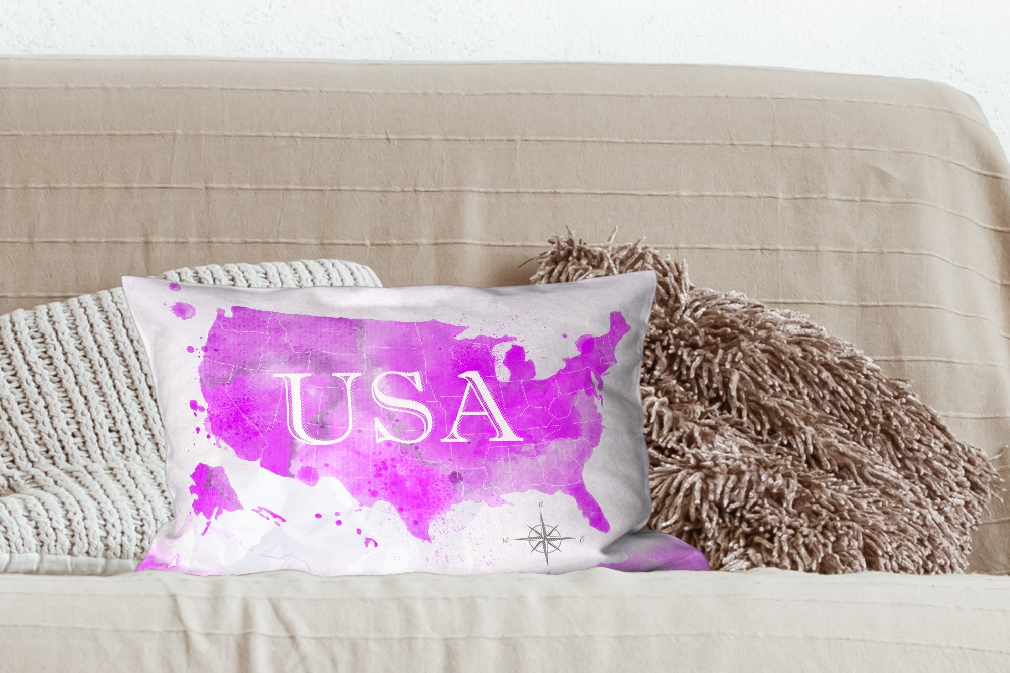 Rosa - Weltkarte Dekokissen Schlafzimmer MuchoWow Dekoration, Zierkissen, - mit Füllung, Wohzimmer Dekokissen Vereinigte Staaten,