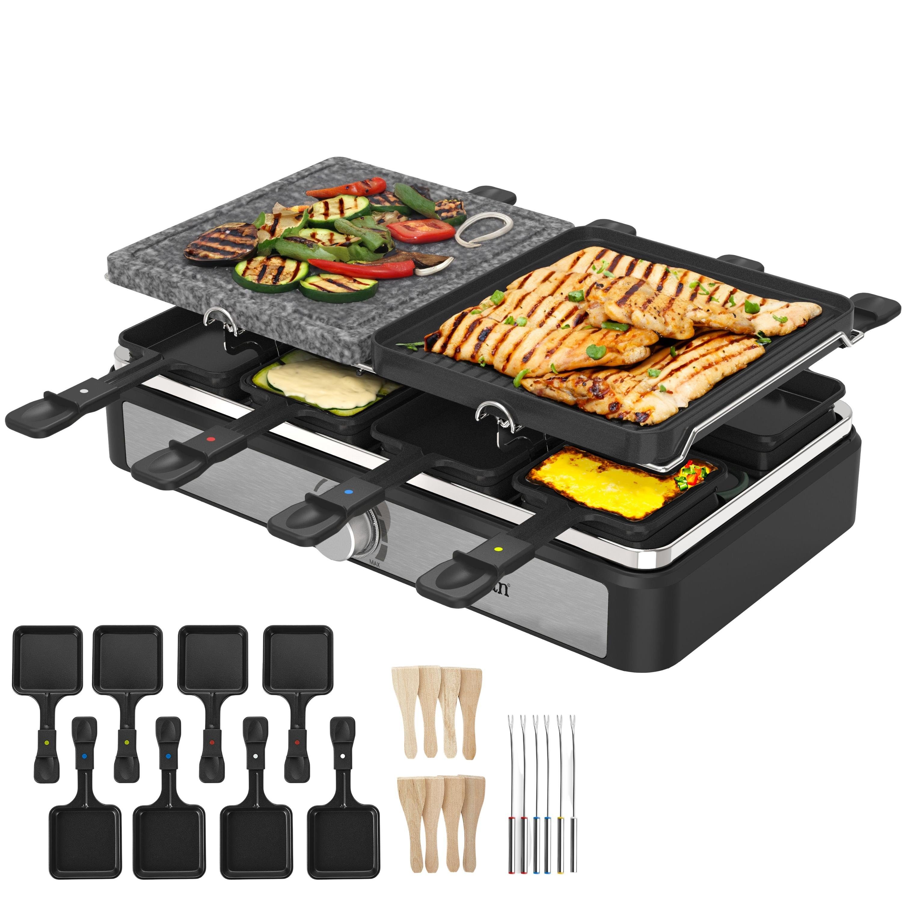 Zilan Raclette ZLN-8863, 8 Raclettepfännchen, 1400 W, Naturgrillstein & Grillplatte,8 Personen,Antihaftbeschichtet