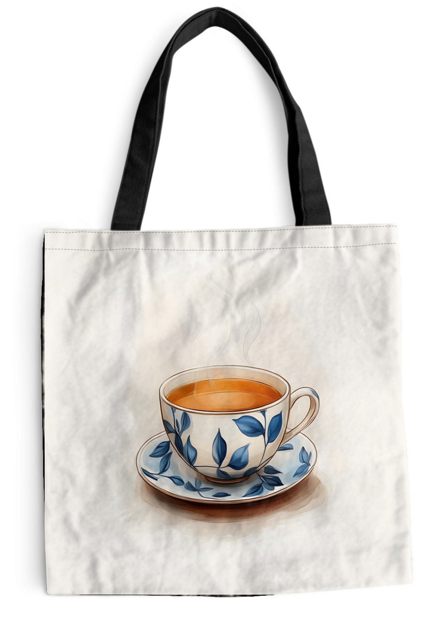 MuchoWow Shopper Teetasse - Blätter - Blau, Handtasche, Damen und Herren, Schultertasche, Umhängetasche, Tote Bag