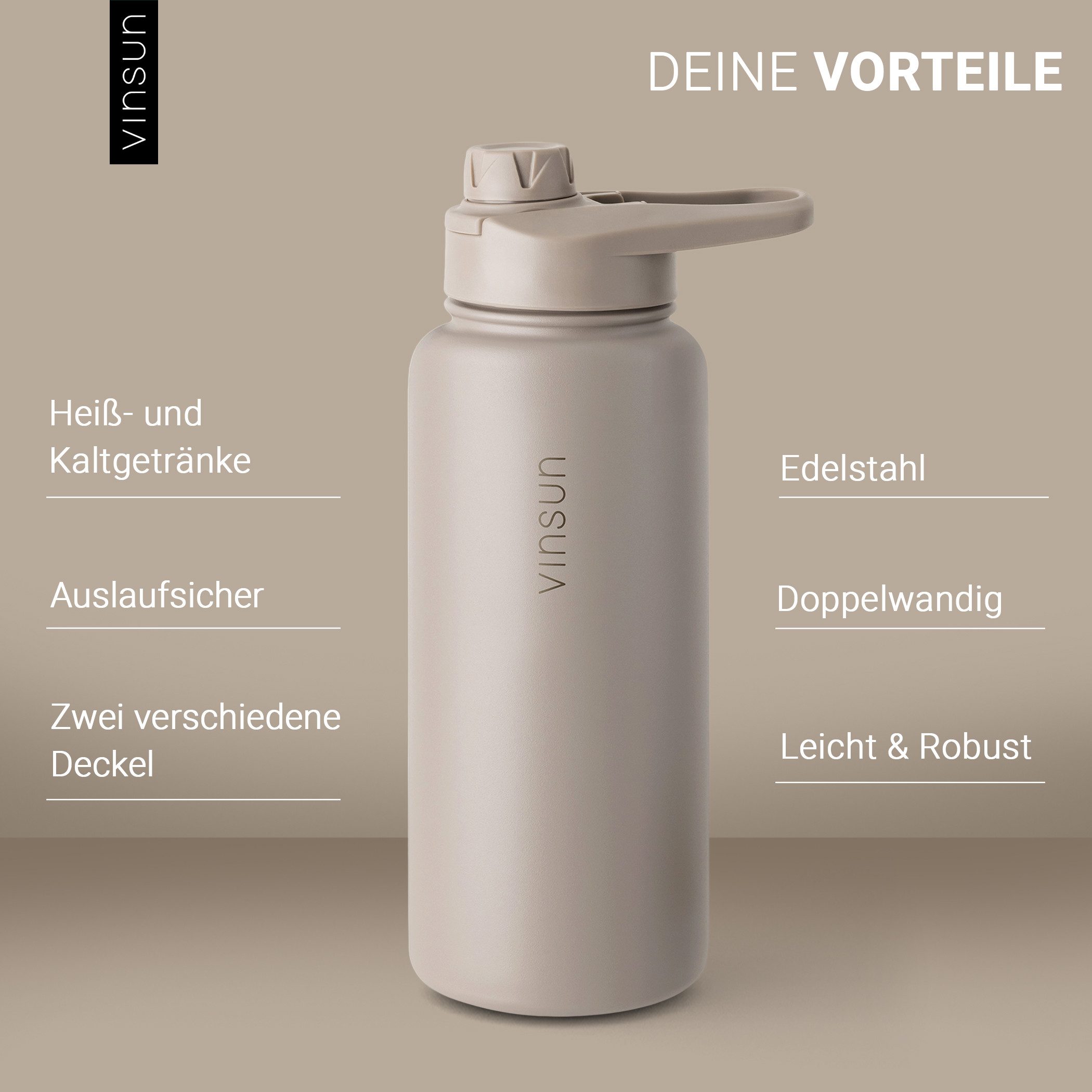 Vinsun Isolierflasche Edelstahl Trinkflasche 750ml Strohhalm - 2 Deckel Thermoflasche, BPA frei, doppelwandig, auslaufsicher, bruchsicher, geruchsneutral – Bild 2 von 5