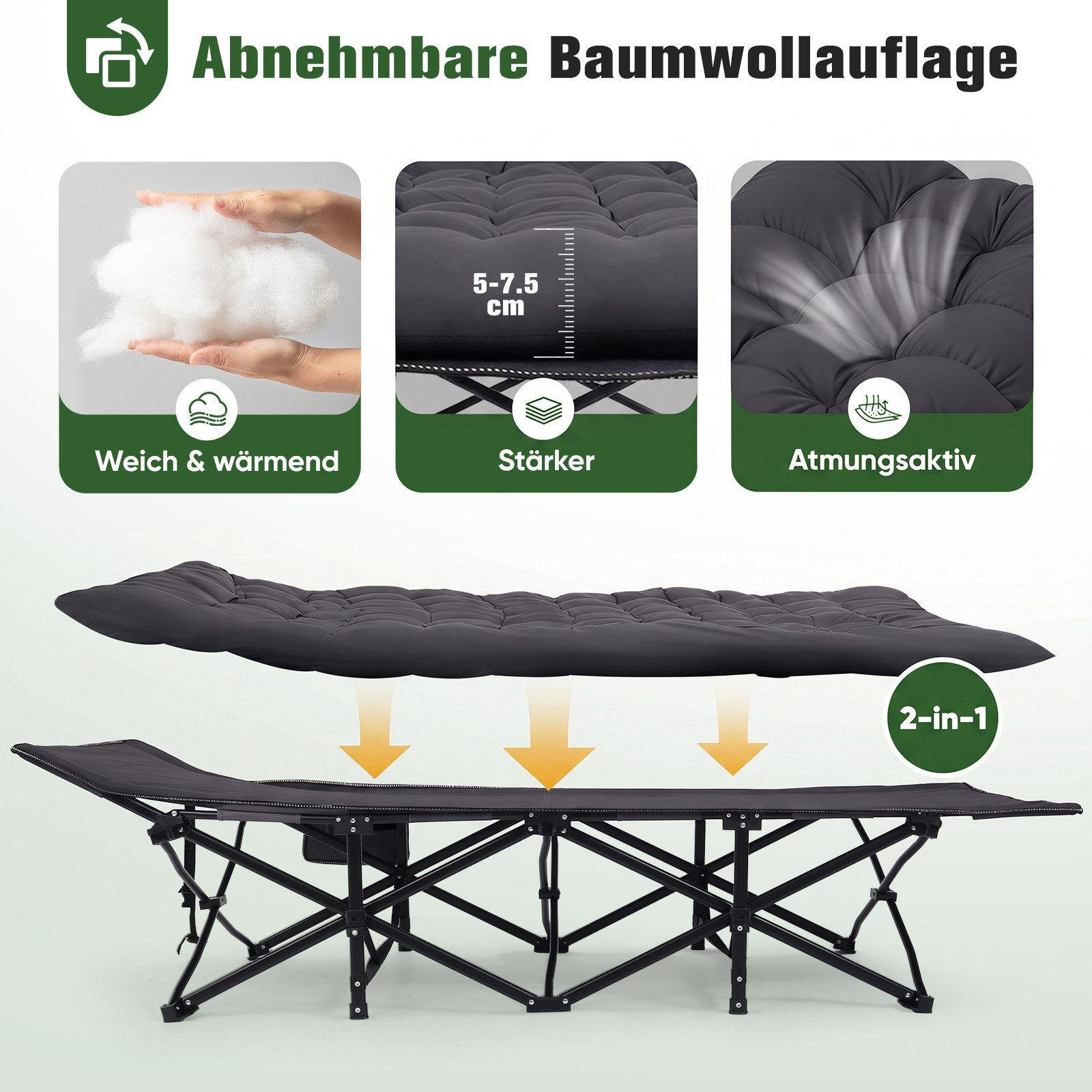 Sekey Klappbett 202 x 80 cm Extra Breit Feldbett XXL Campingbett Klappbar mit Matratze Faltbares Klappbett mit Seitentasche, 600D Oxford-Gewebe, bis 200 kg