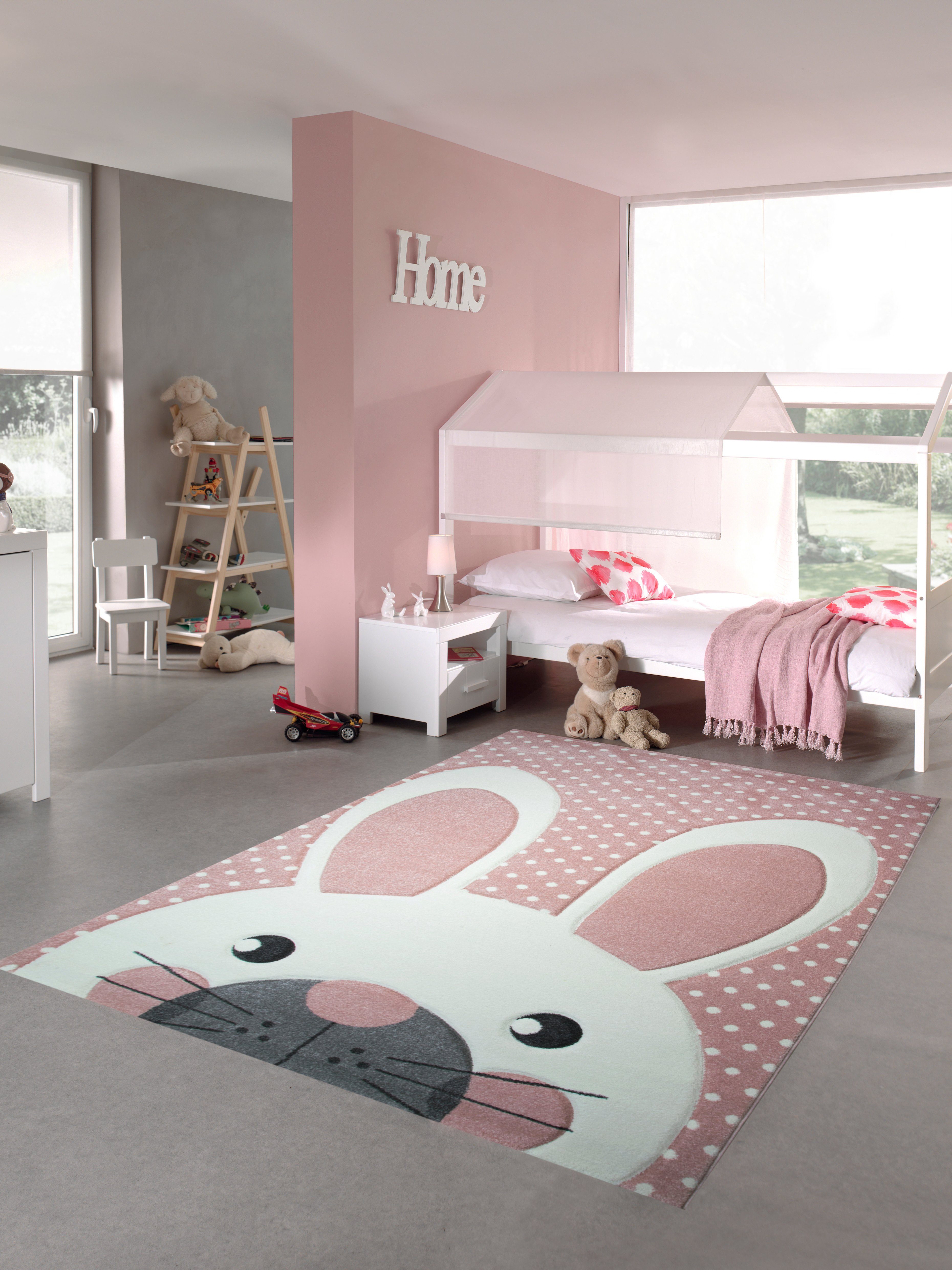Kinderteppich »Kinderteppich Spielteppich Teppich Kinderzimmer Babyteppich  Hase in Rosa Weiss Grau«, Teppich-Traum, rechteckig, Höhe: 13 mm