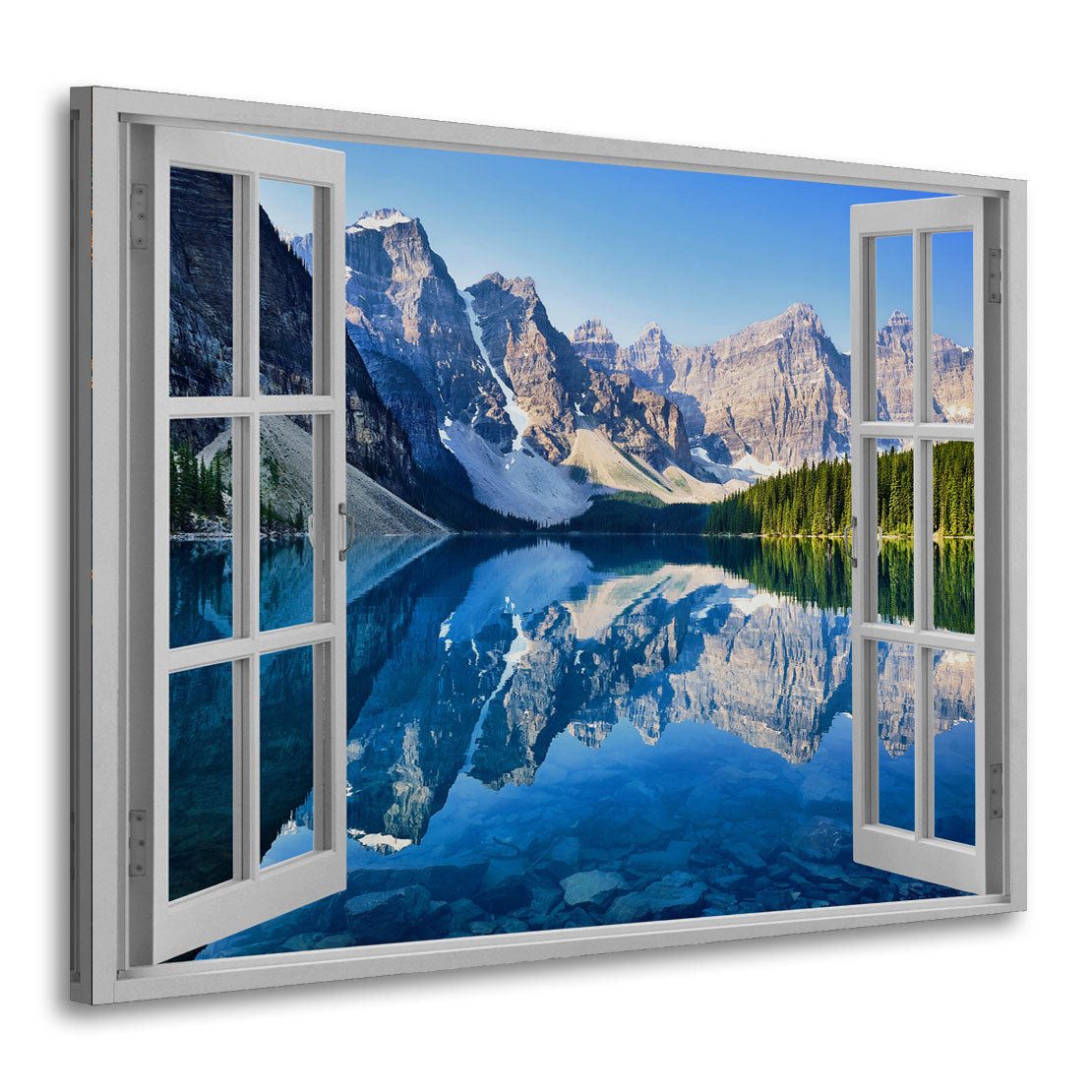 Artedinoi Leinwandbild Fensterblick Bergsee Berge Panorama Leinwandbild Wandbild XXL, Fensterblick auf Bergsee und Alpen