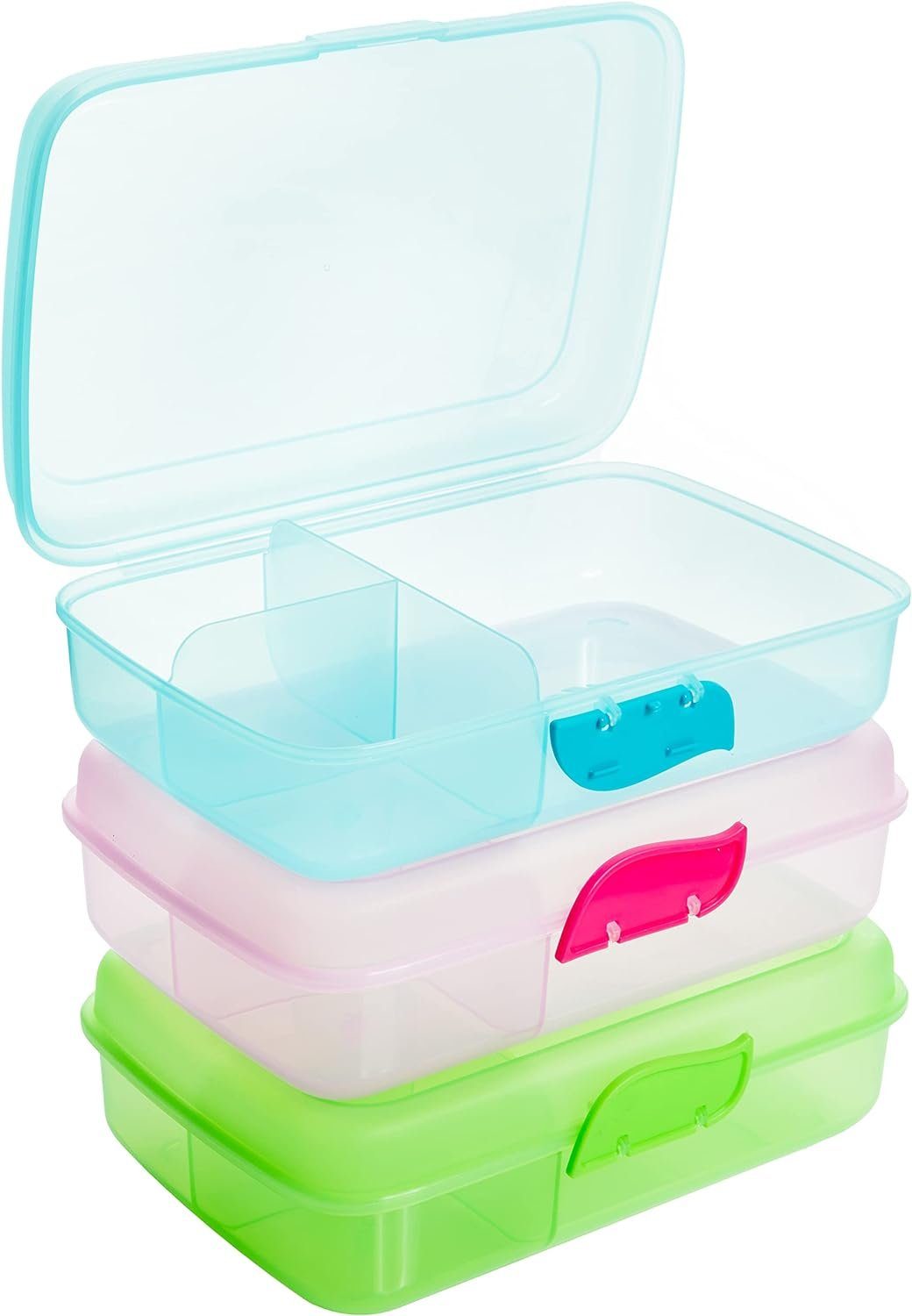 2friends Lunchbox 3 Stück, Brotdose Kinder mit Fächern + Clickverschluss, Kunststoff, Lunchboxen mit 3 Trennfächern, Grün, Blau, Rosa