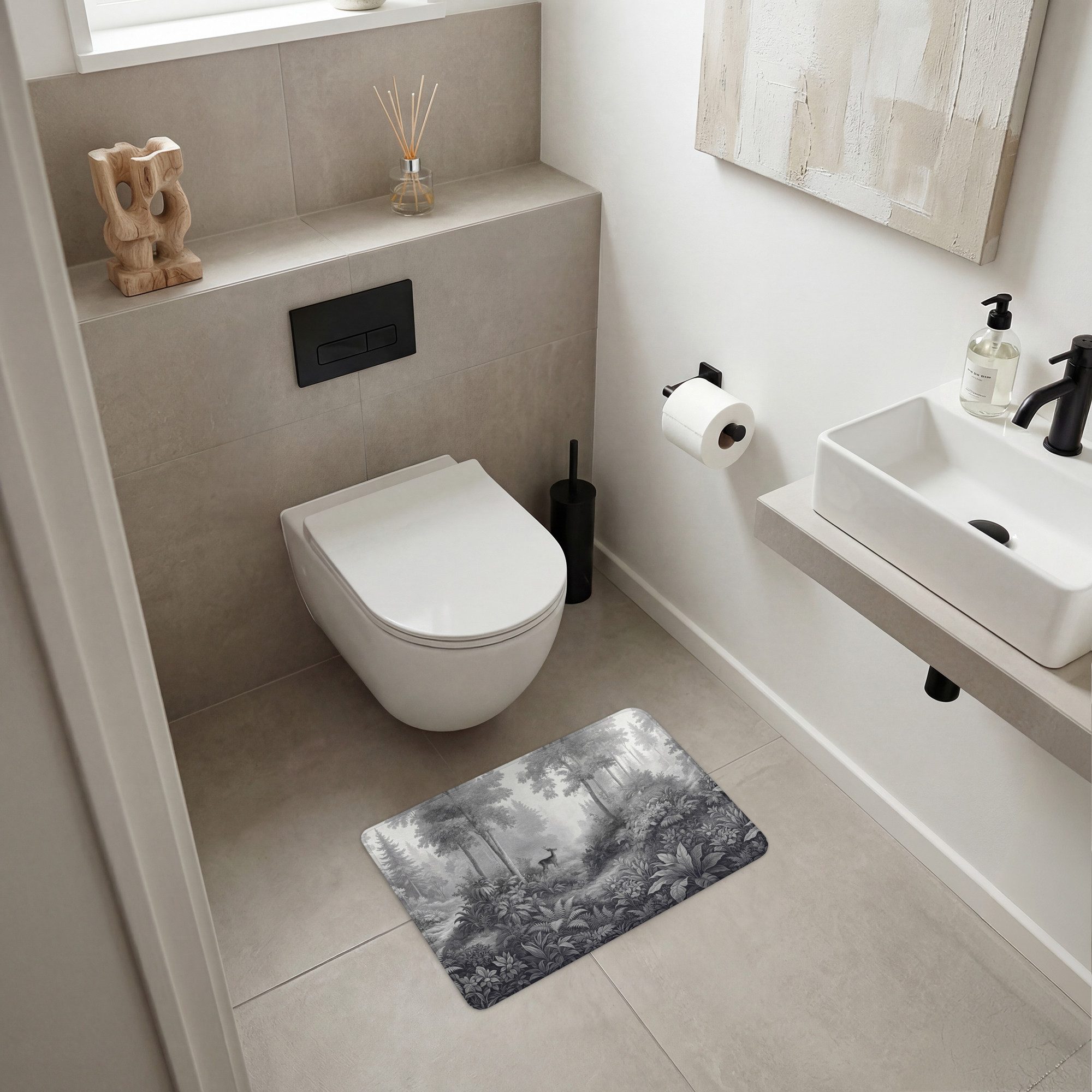 OnlyWow WC-Vorleger Wald - Rotwild - Schwarz - Weiß, Höhe 10 mm, Polyester, Rechteckig, WC Teppich, Toilettenvorleger, Toilettenteppich, Badematte 60x40 cm