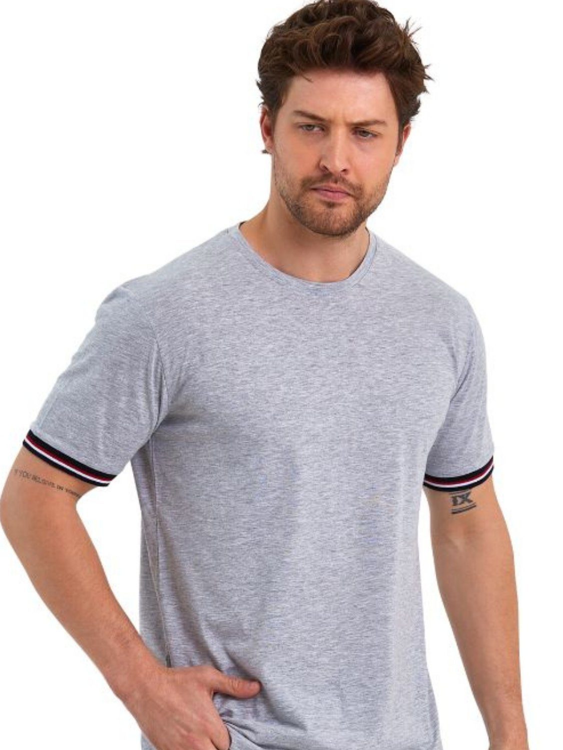 (Packung, Basic Bündchen Ärmel 1-tlg) Kurzarm Rundhalls gestreiften T-Shirt Herren COMEOR Grau mit