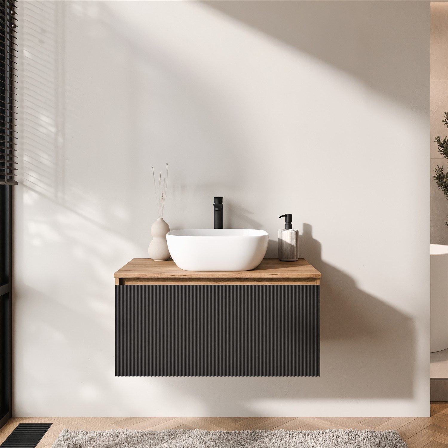 Planetmöbel Waschtisch-Set Arisa 2 teilig, Waschtisch mit Unterschrank 80 cm, Waschbecken 42 cm, (Waschtischunterschrank hängend für Gäste WC & Bad, schwarz geriffelt, Badmöbel Set mit Waschbecken 42 cm weiß), Schublade mit Soft-Close Funktion