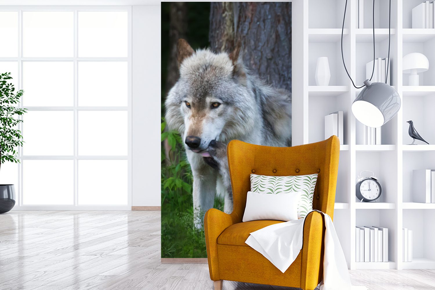 MuchoWow Fototapete Wolf - Welpe, Wohnzimmer Fototapete bedruckt, für Matt, - Küche, Wald St), Moos Vliestapete - (2 Schlafzimmer
