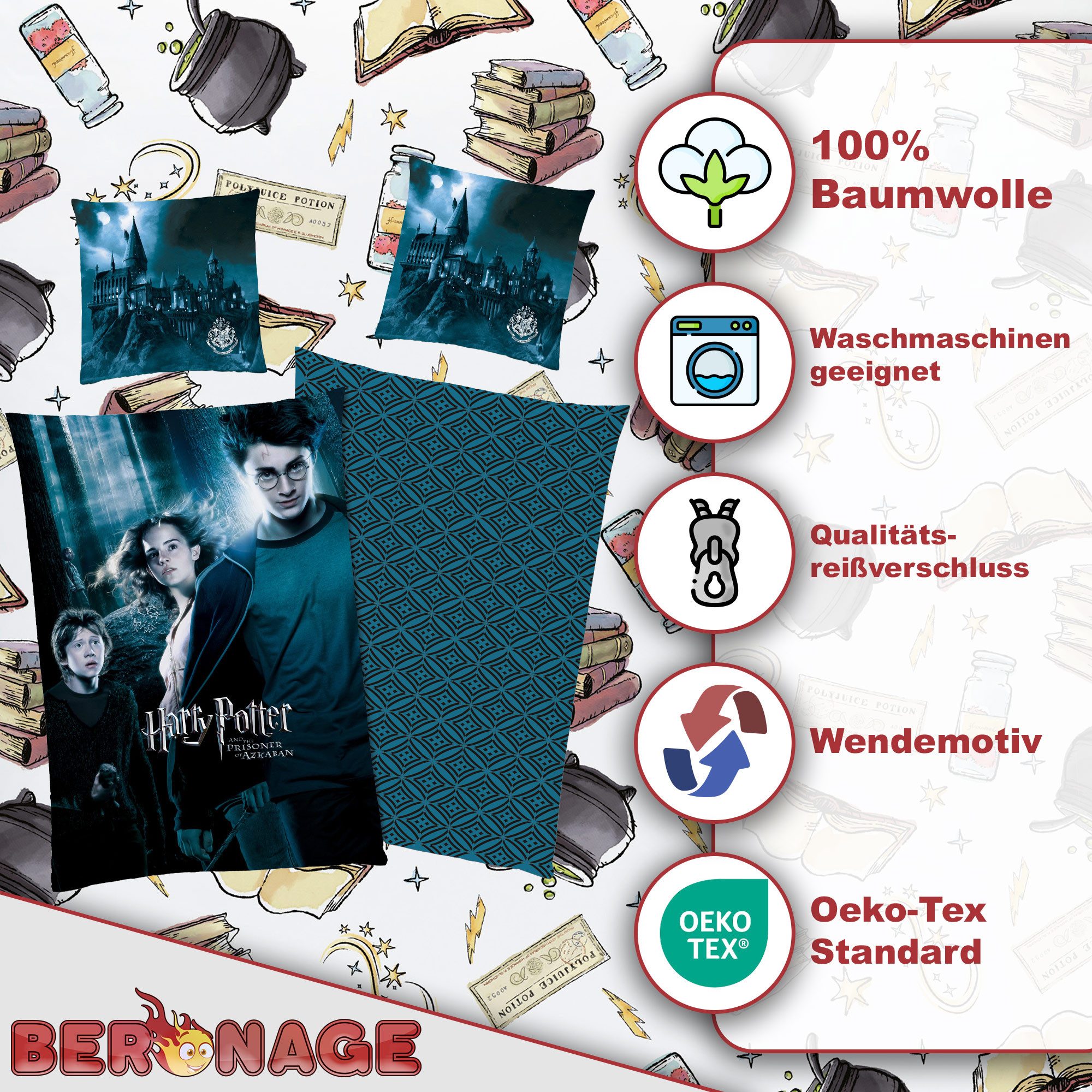 BERONAGE Wendebettwäsche Harry Potter Bettwäsche Azkaban Blau Linon / Renforcé, Baumwolle, 2 teilig