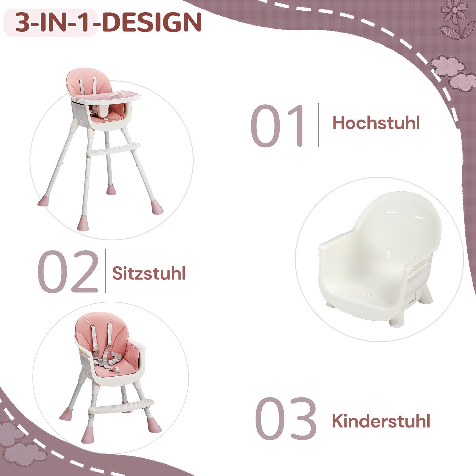 LALAHO Kinderstuhl 2-in-1 Babyhochstuhl Esszimmerstuhl mit Esstablett, Abnehmbares Tablett, Sicherheitsgurt, Einstellbare Höhe